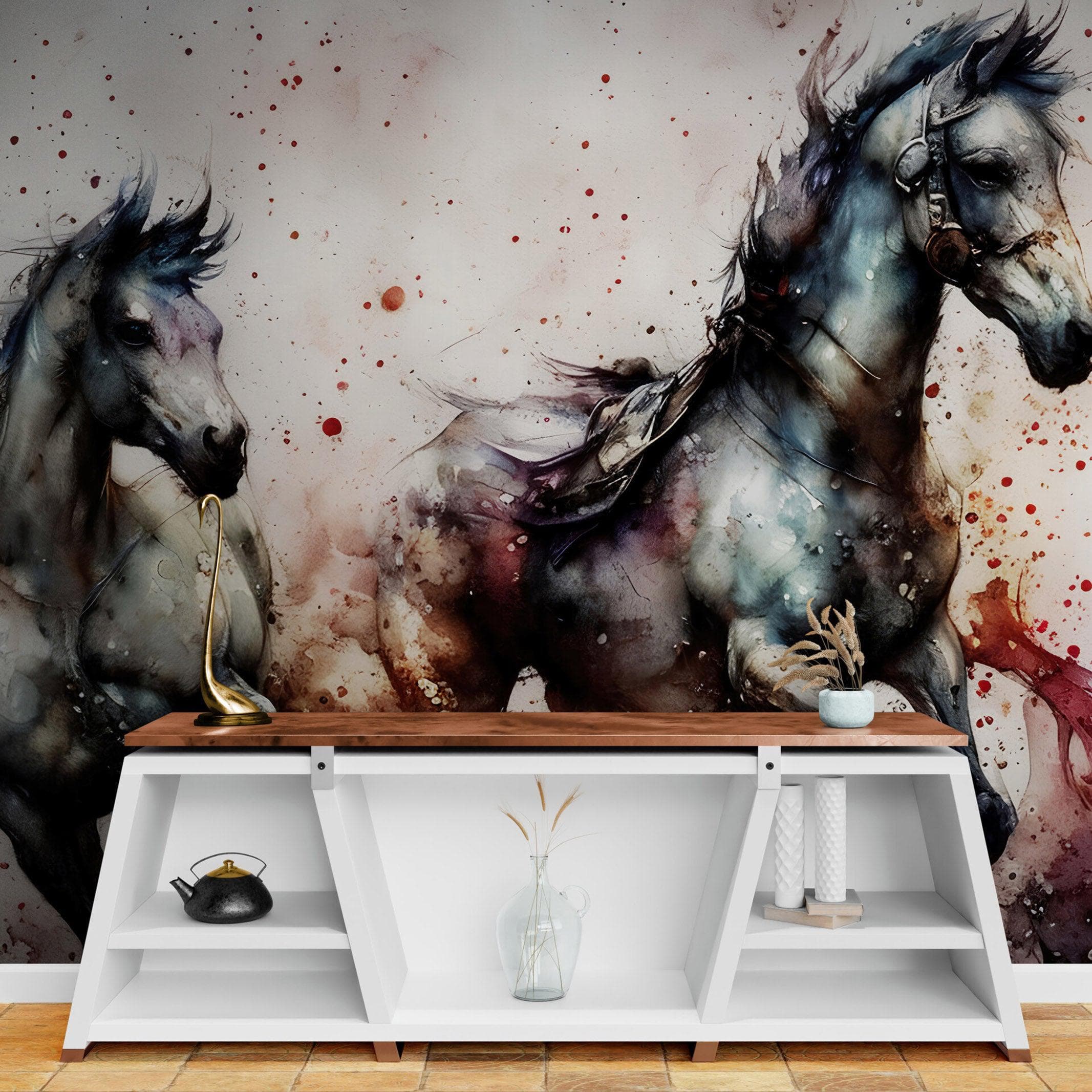 Pintura de acuarela de un caballo al galope. Mural de pared autoadhesivo de vaquero. N.º 6500