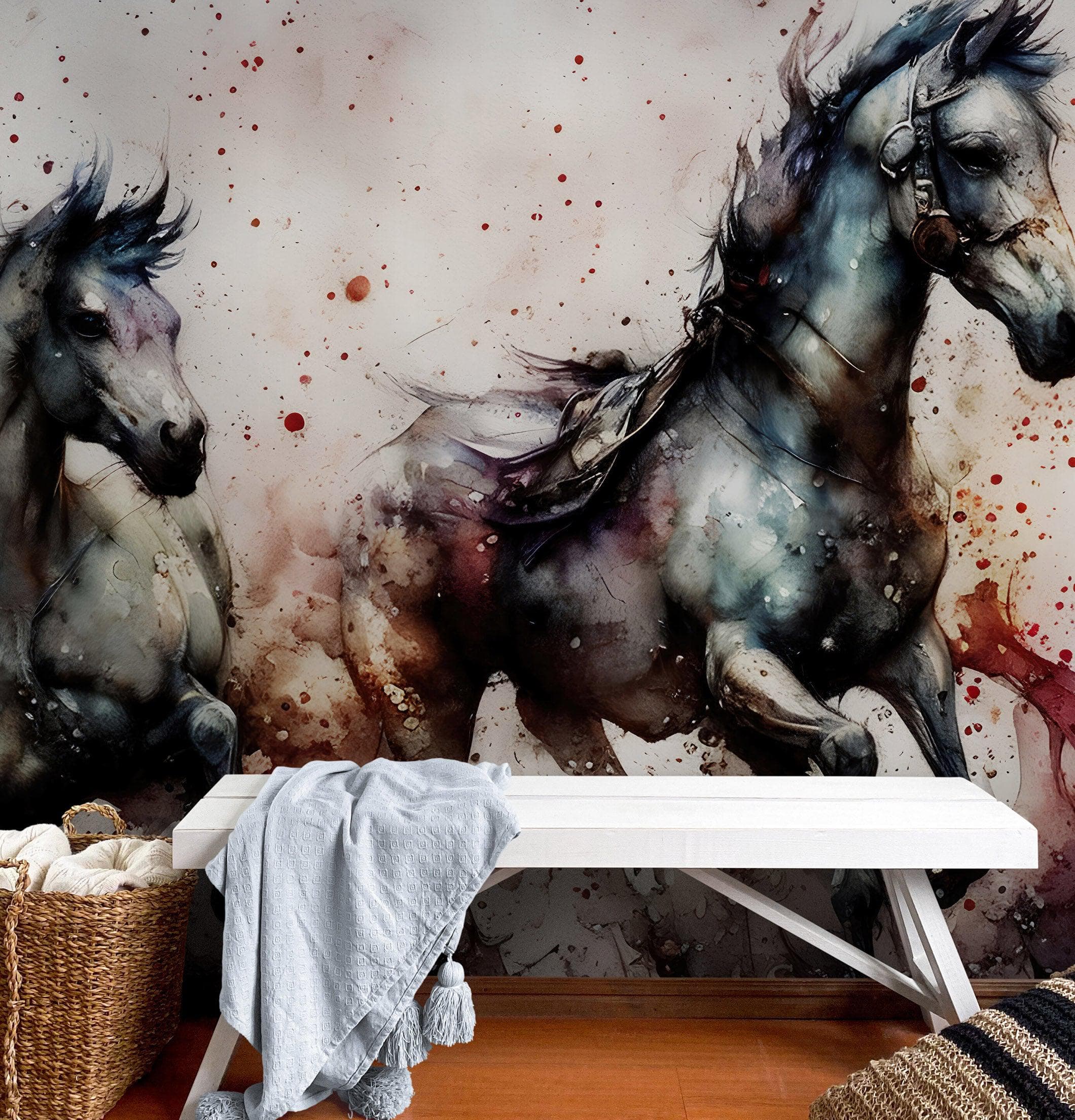Pintura de acuarela de un caballo al galope. Mural de pared autoadhesivo de vaquero. N.º 6500