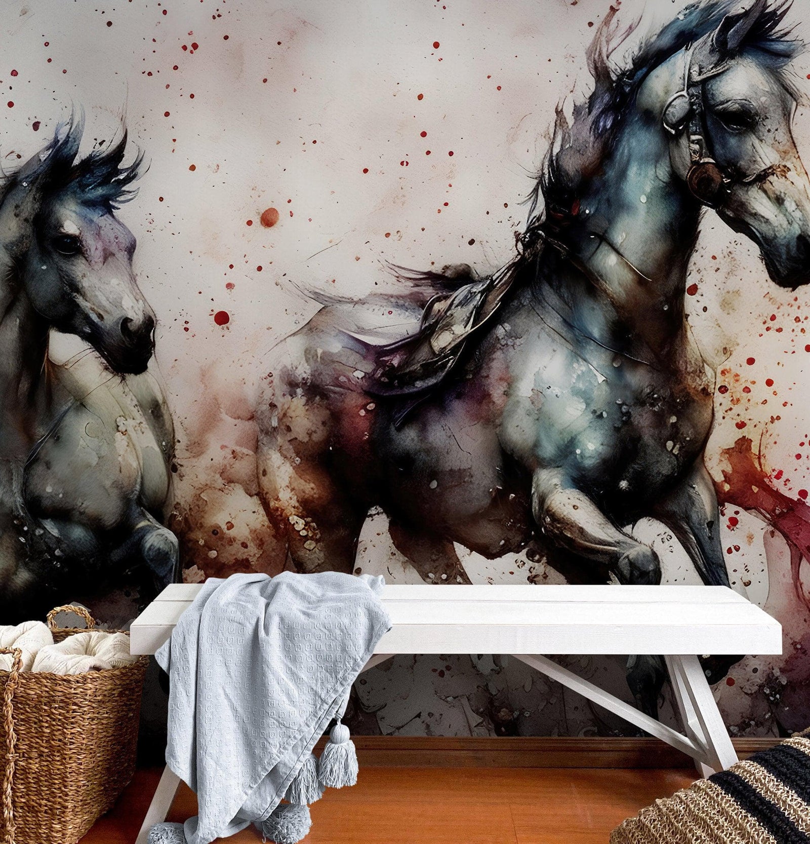 Pintura de acuarela de un caballo al galope. Mural de pared autoadhesivo de vaquero. N.º 6500