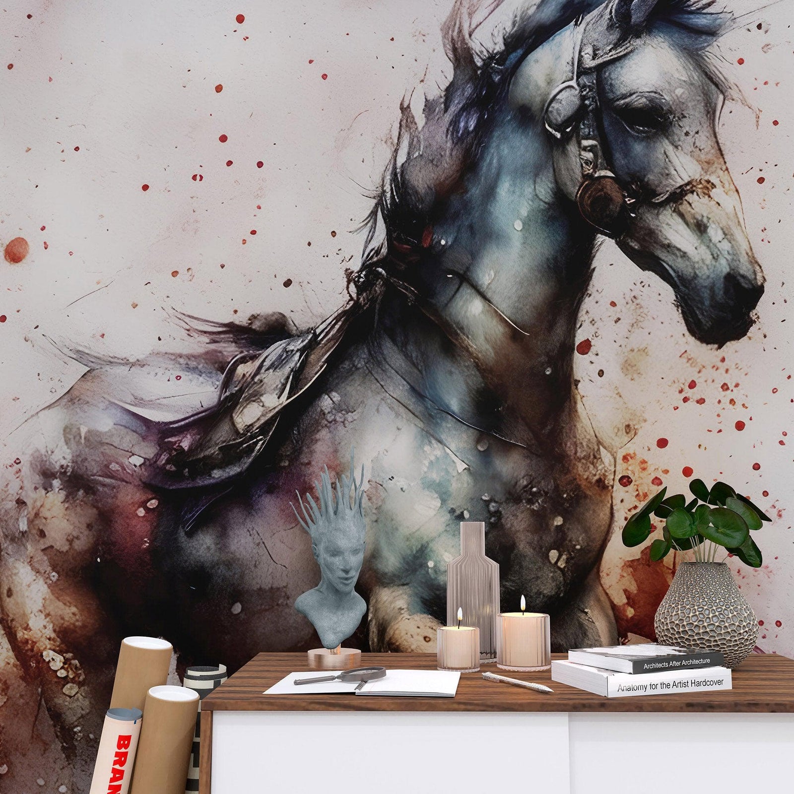 Pintura de acuarela de un caballo al galope. Mural de pared autoadhesivo de vaquero. N.º 6500