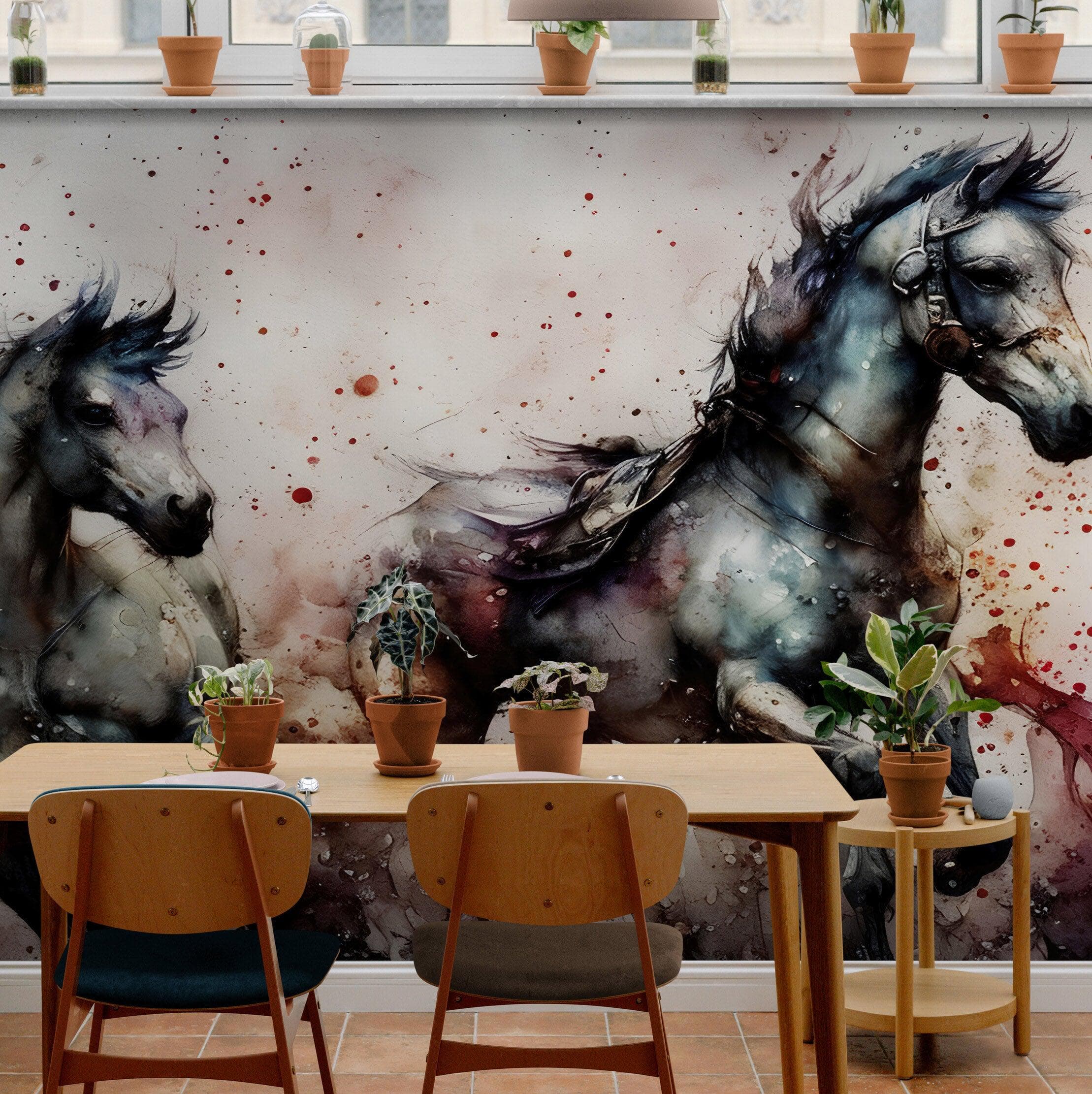 Pintura de acuarela de un caballo al galope. Mural de pared autoadhesivo de vaquero. N.º 6500