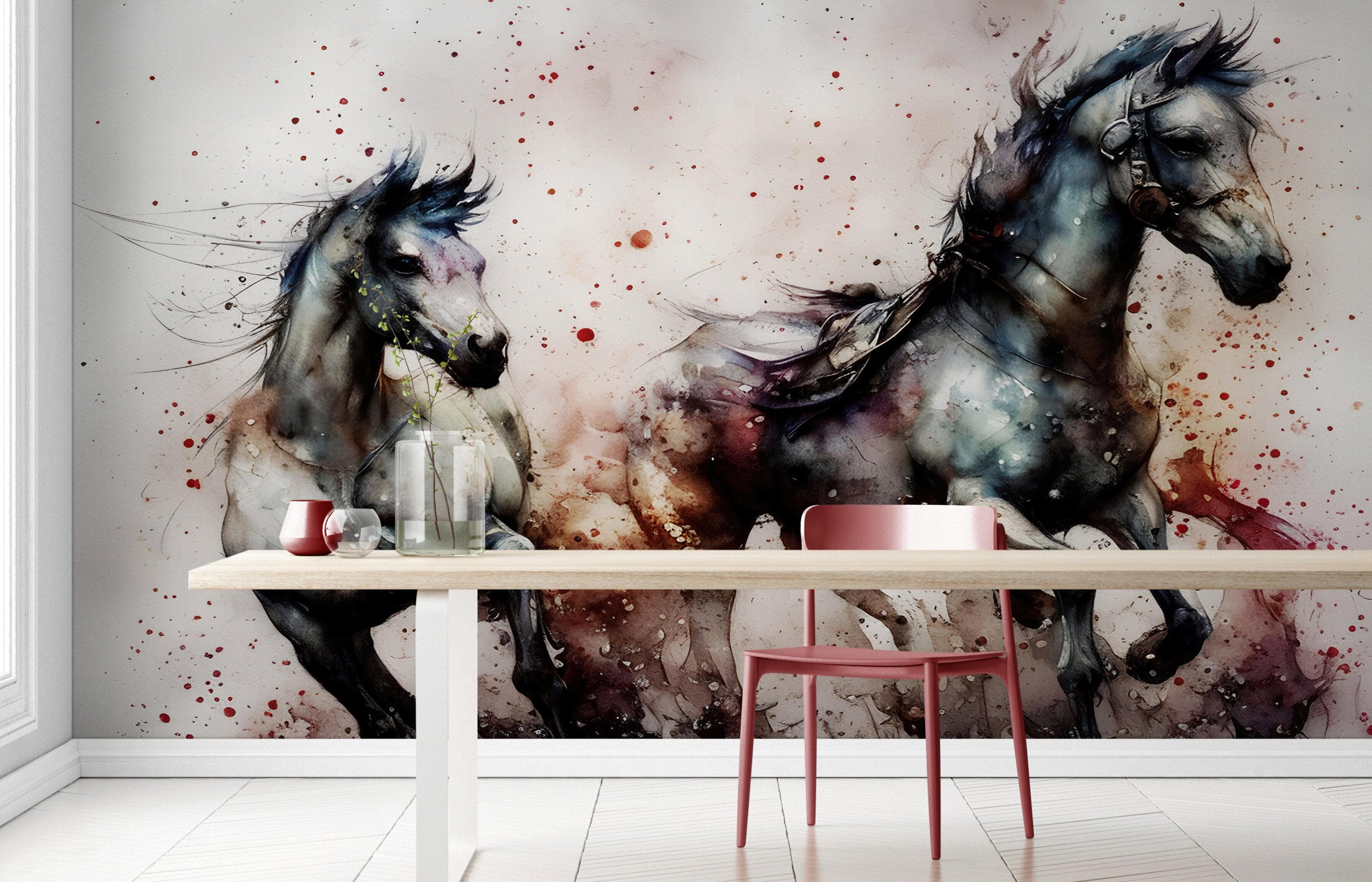 Pintura de acuarela de un caballo al galope. Mural de pared autoadhesivo de vaquero. N.º 6500