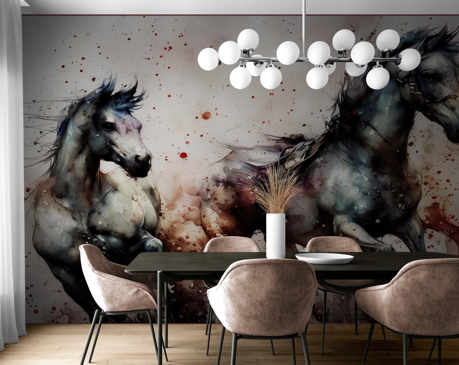 Pintura de acuarela de un caballo al galope. Mural de pared autoadhesivo de vaquero. N.º 6500