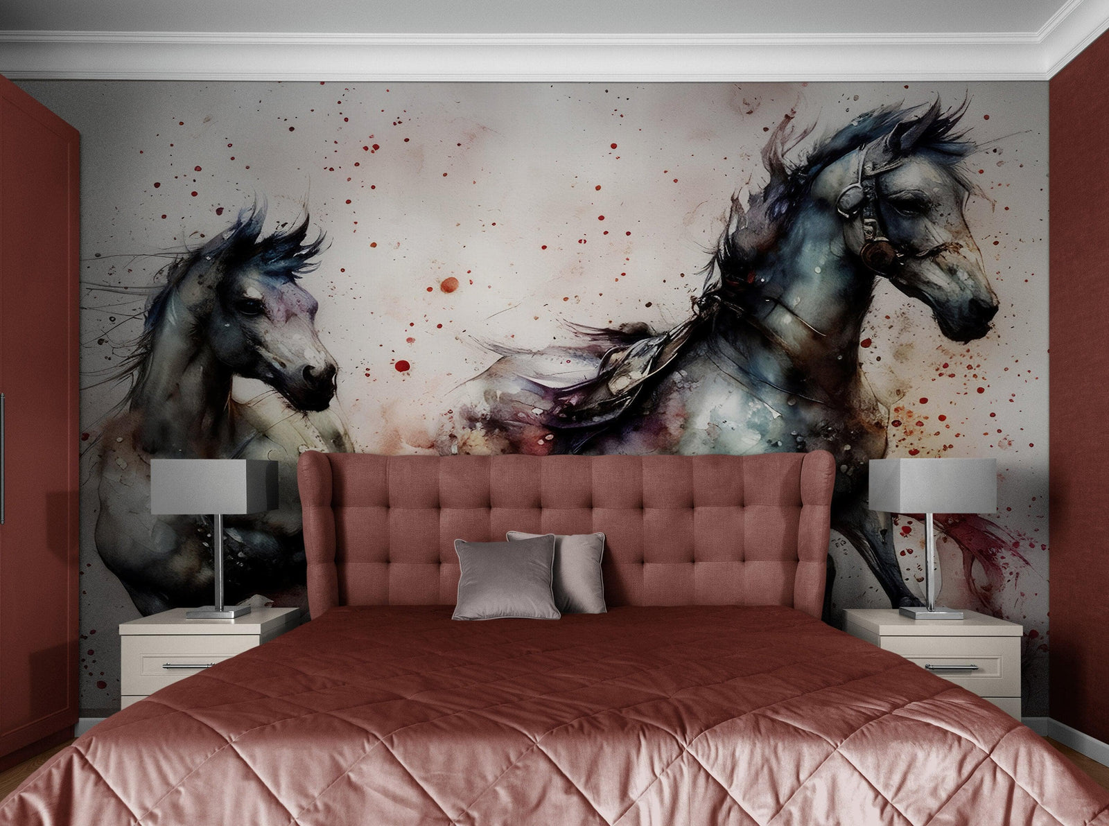 Pintura de acuarela de un caballo al galope. Mural de pared autoadhesivo de vaquero. N.º 6500