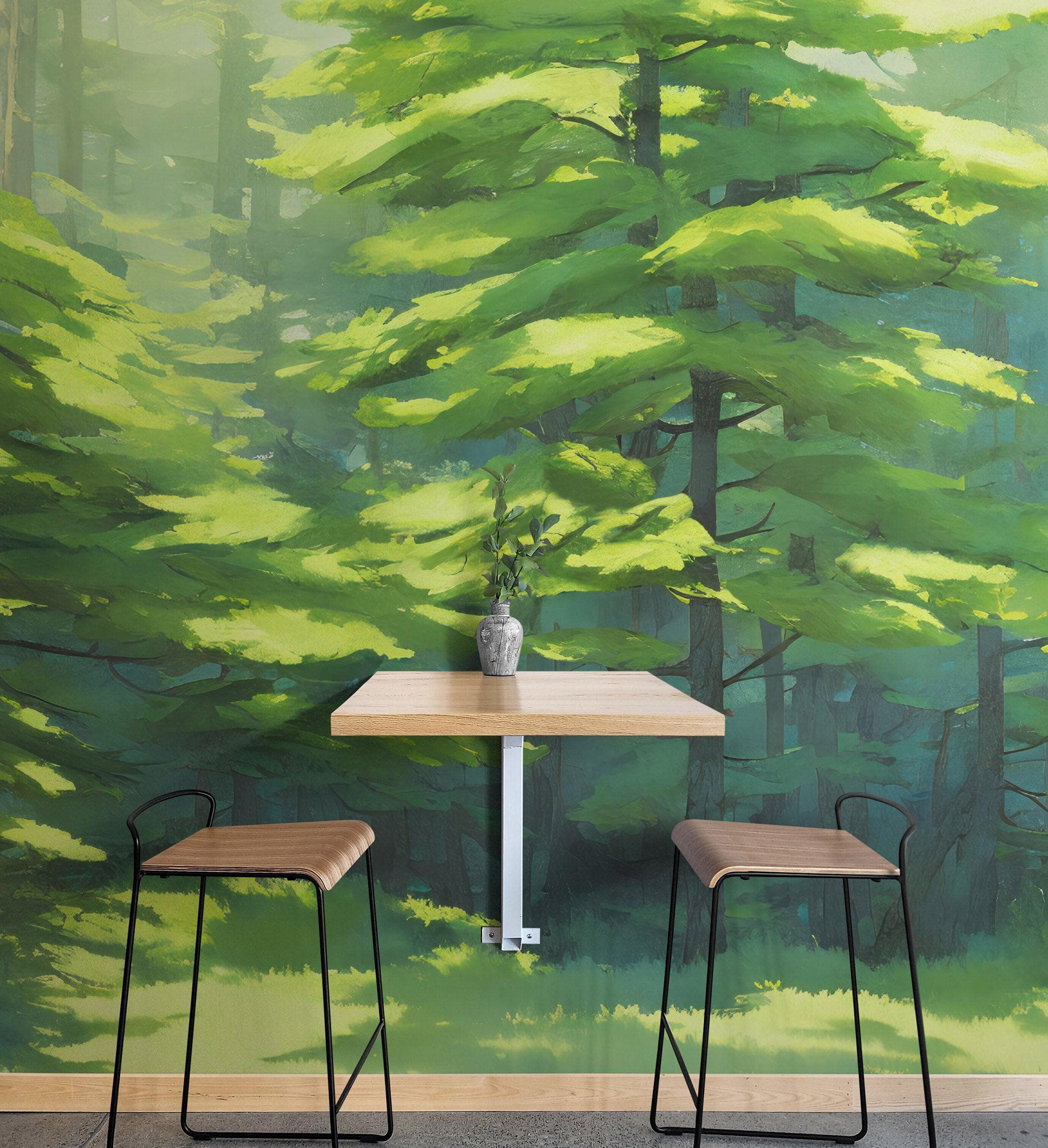 Mural de pared con bosque de hoja perenne. Papel pintado autoadhesivo. N.º 6502