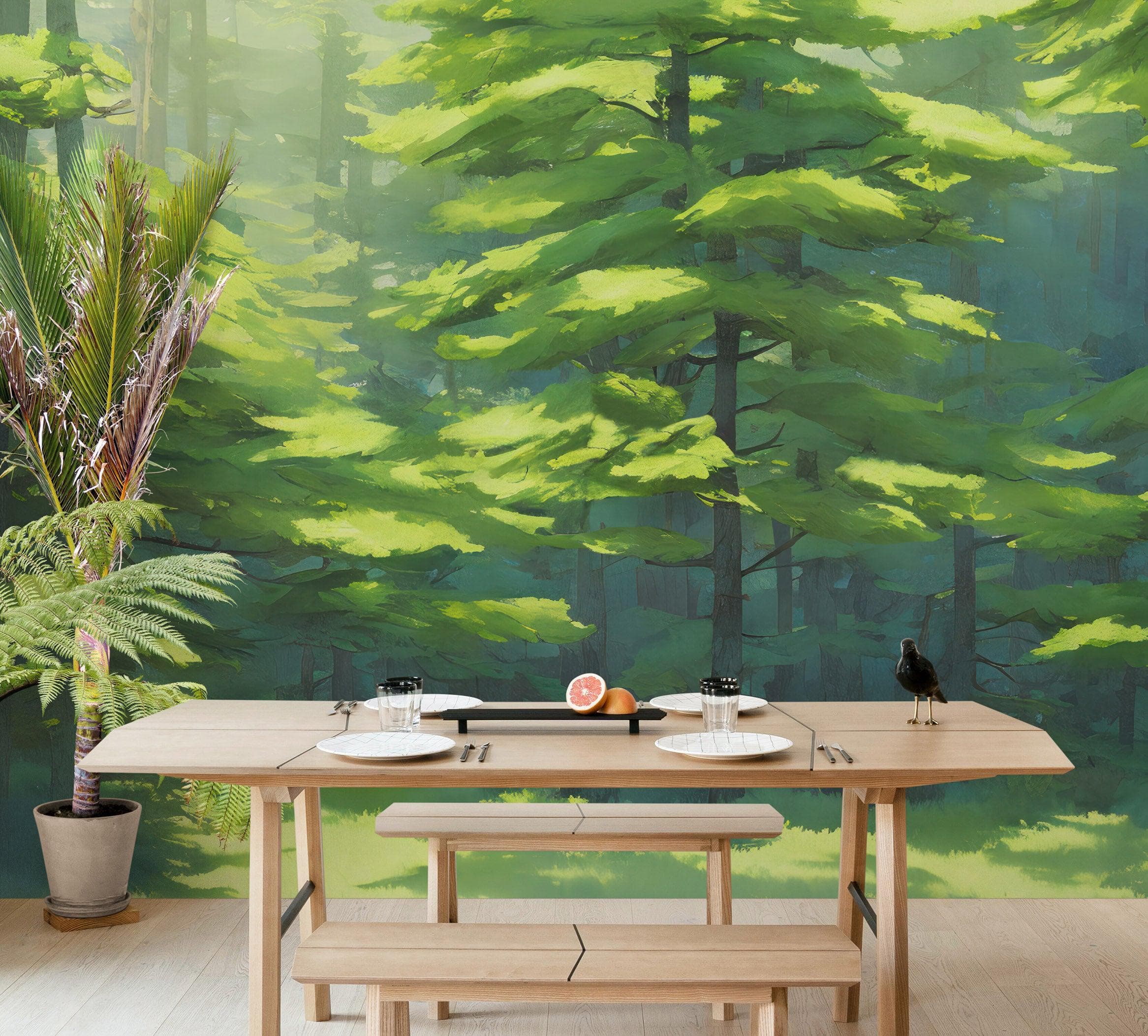 Mural de pared con bosque de hoja perenne. Papel pintado autoadhesivo. N.º 6502
