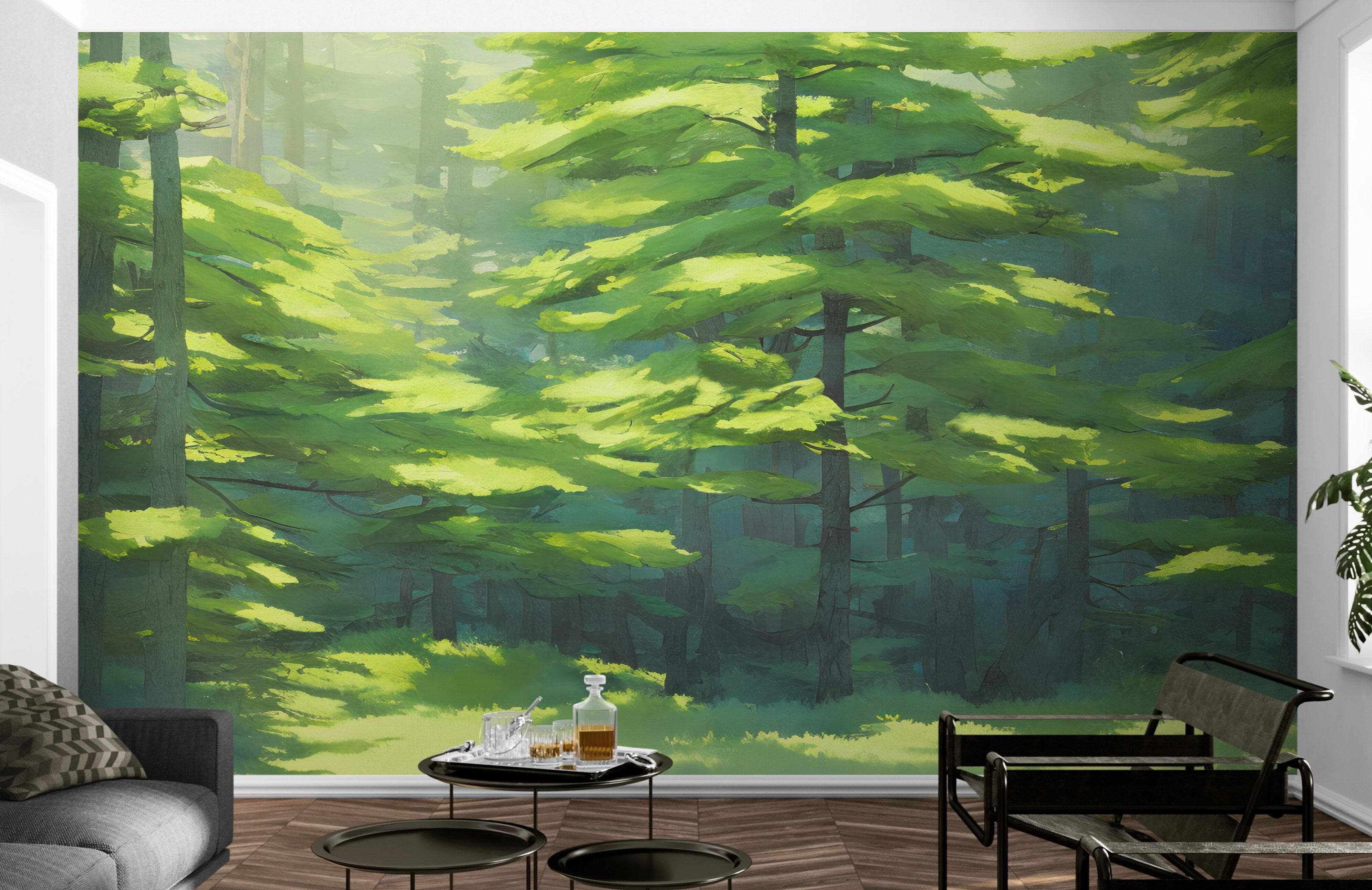 Mural de pared con bosque de hoja perenne. Papel pintado autoadhesivo. N.º 6502