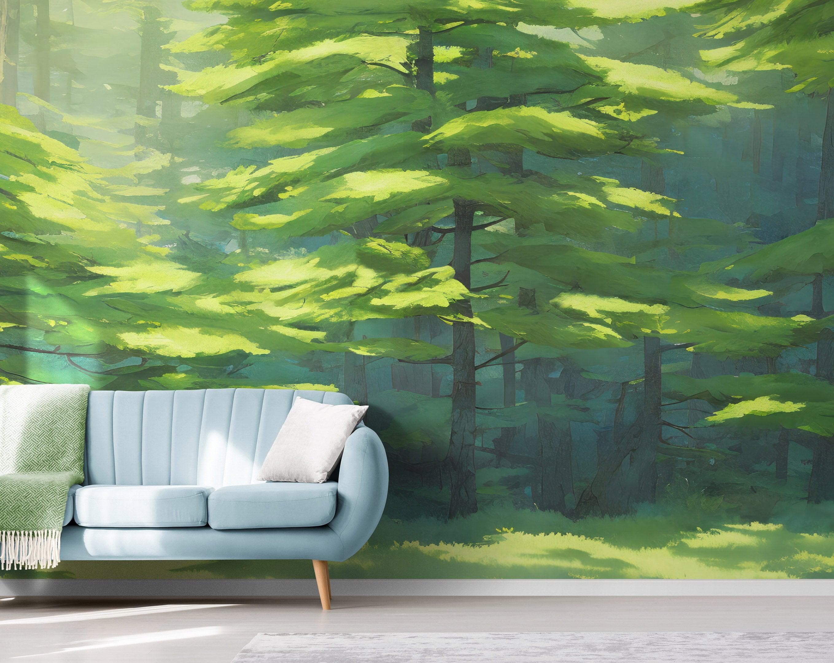 Mural de pared con bosque de hoja perenne. Papel pintado autoadhesivo. N.º 6502
