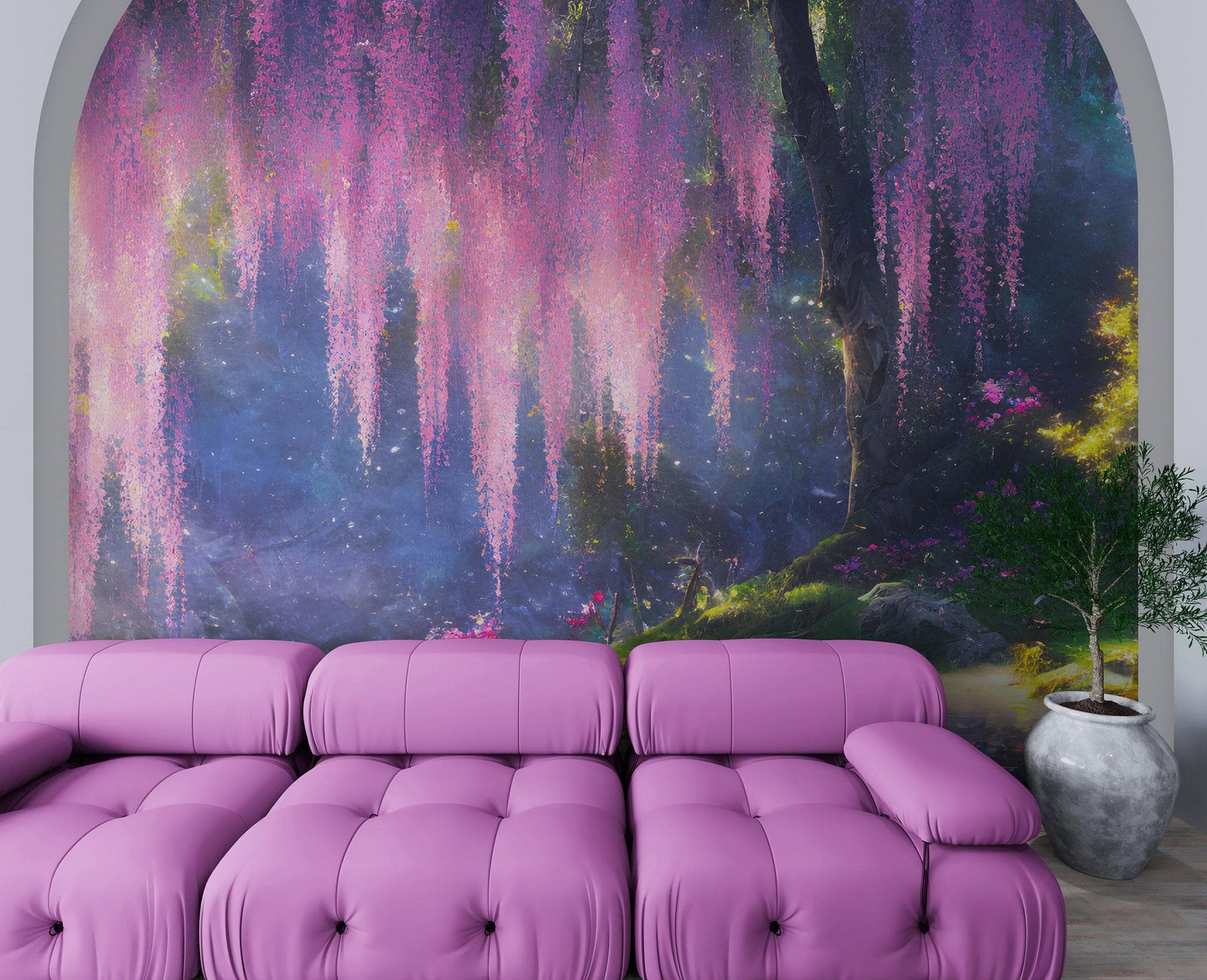 Mural de pared Bosque encantado con cerezo en flor rosa. #6504 