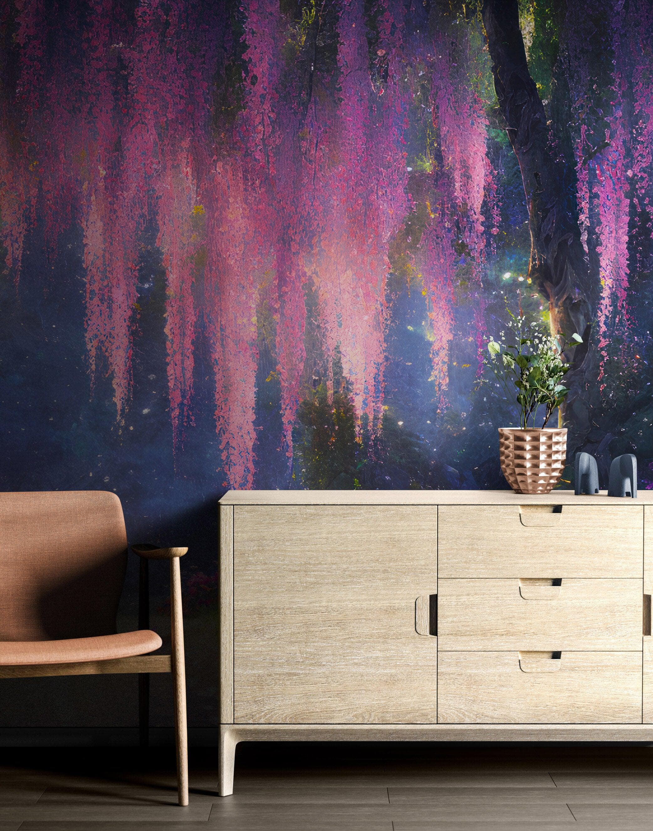 Mural de pared Bosque encantado con cerezo en flor rosa. #6504 