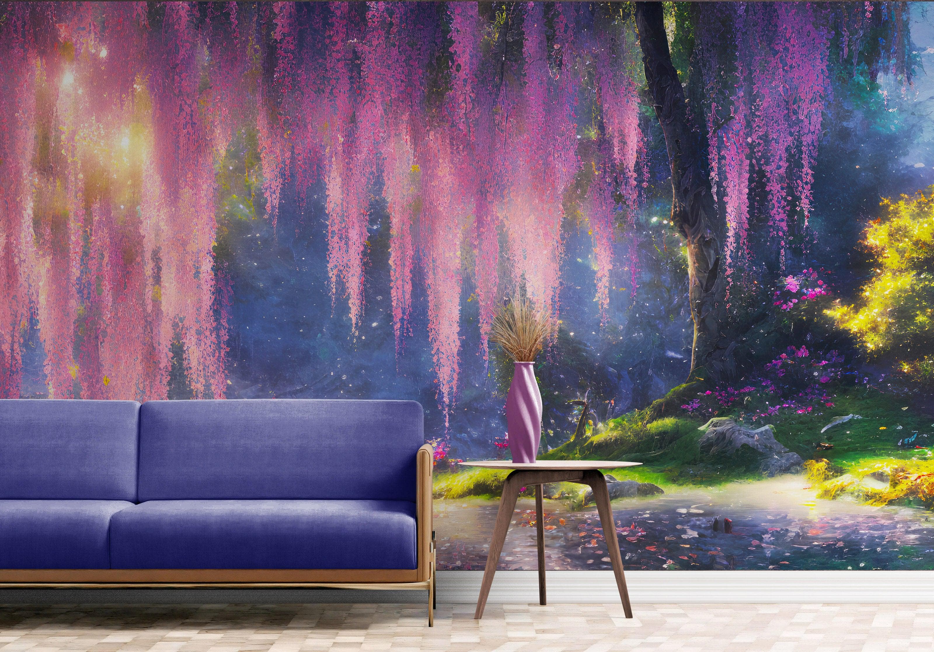Mural de pared Bosque encantado con cerezo en flor rosa. #6504 