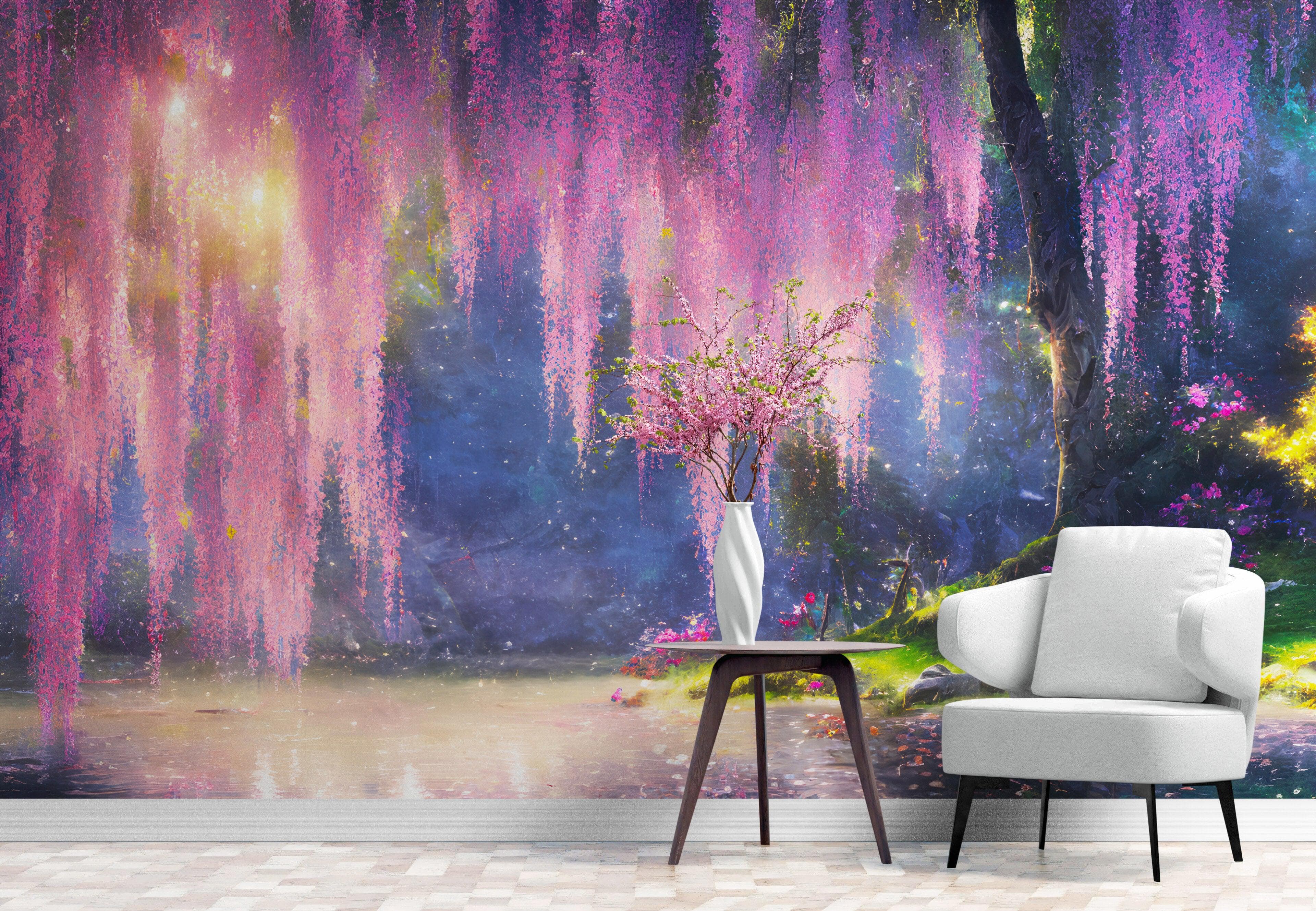 Mural de pared Bosque encantado con cerezo en flor rosa. #6504 