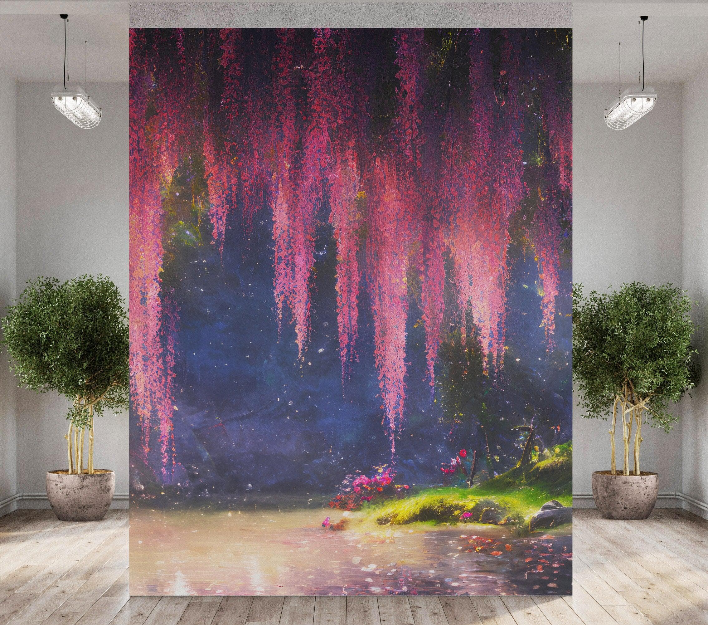 Mural de pared Bosque encantado con cerezo en flor rosa. #6504 