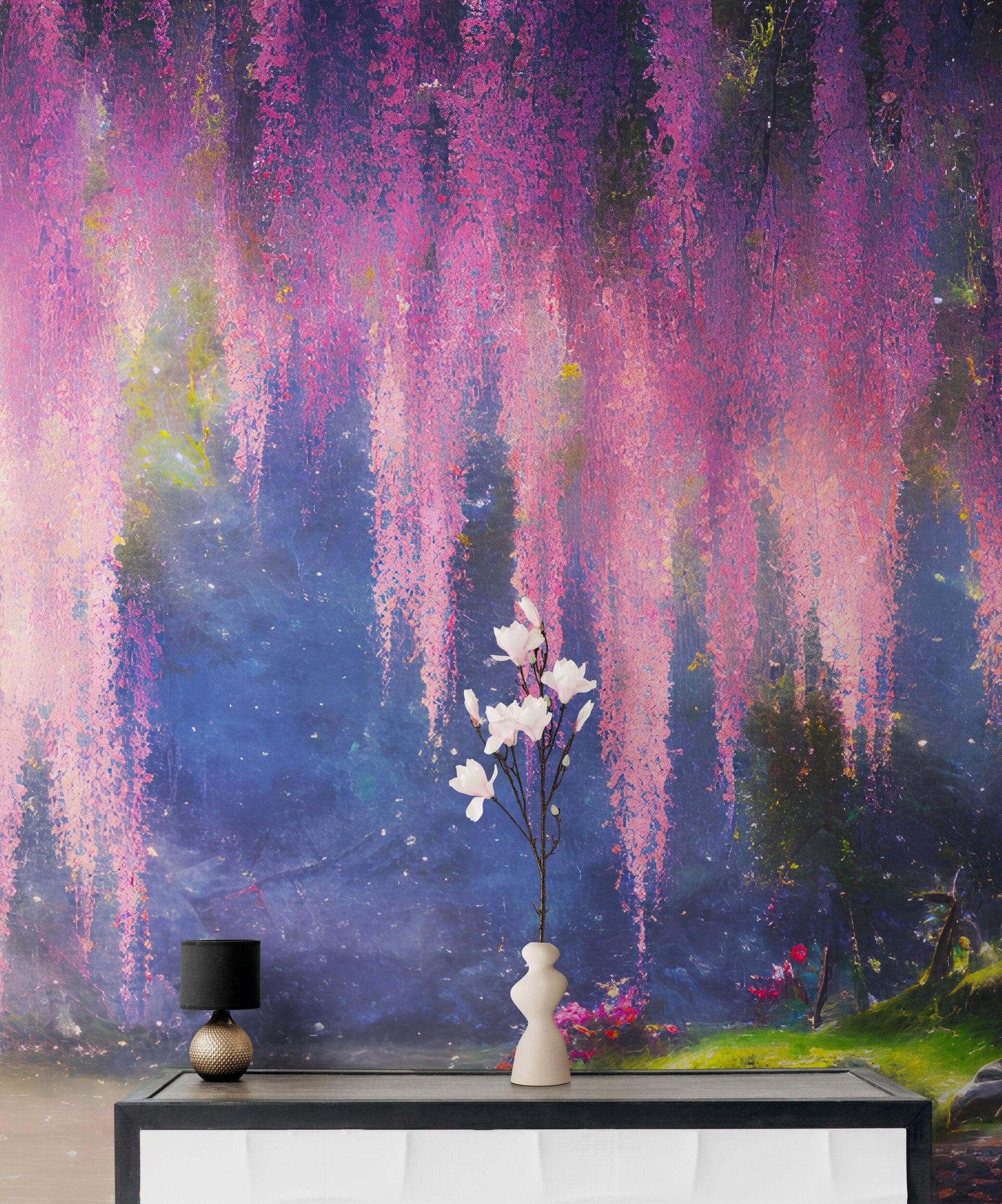 Mural de pared Bosque encantado con cerezo en flor rosa. #6504 
