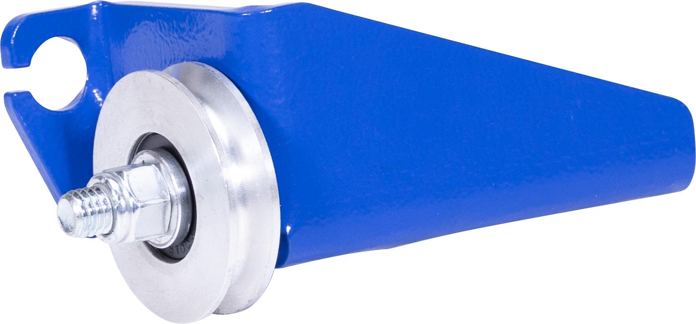 Blue metal component with a silver wheel on a white background