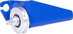 Blue metal component with a silver wheel on a white background