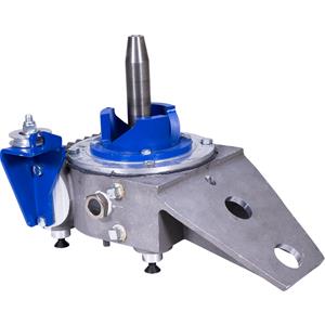 Mechanical component with blue and silver colors on a white background