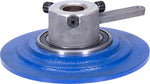 Mechanical component with blue base and metal parts on a white background