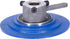 Mechanical component with blue base and metal parts on a white background