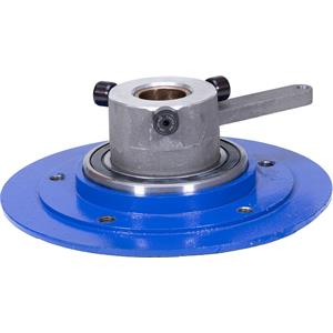 Mechanical component with blue flange and metal shaft on a white background
