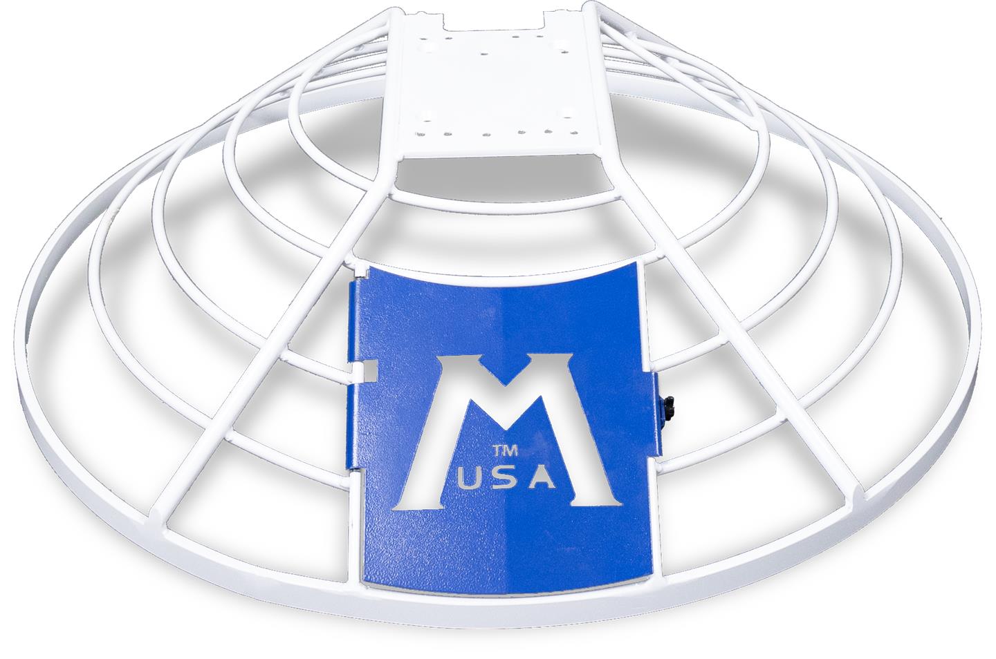 White sports helmet with a blue label featuring 'M' and 'USA' on a white background