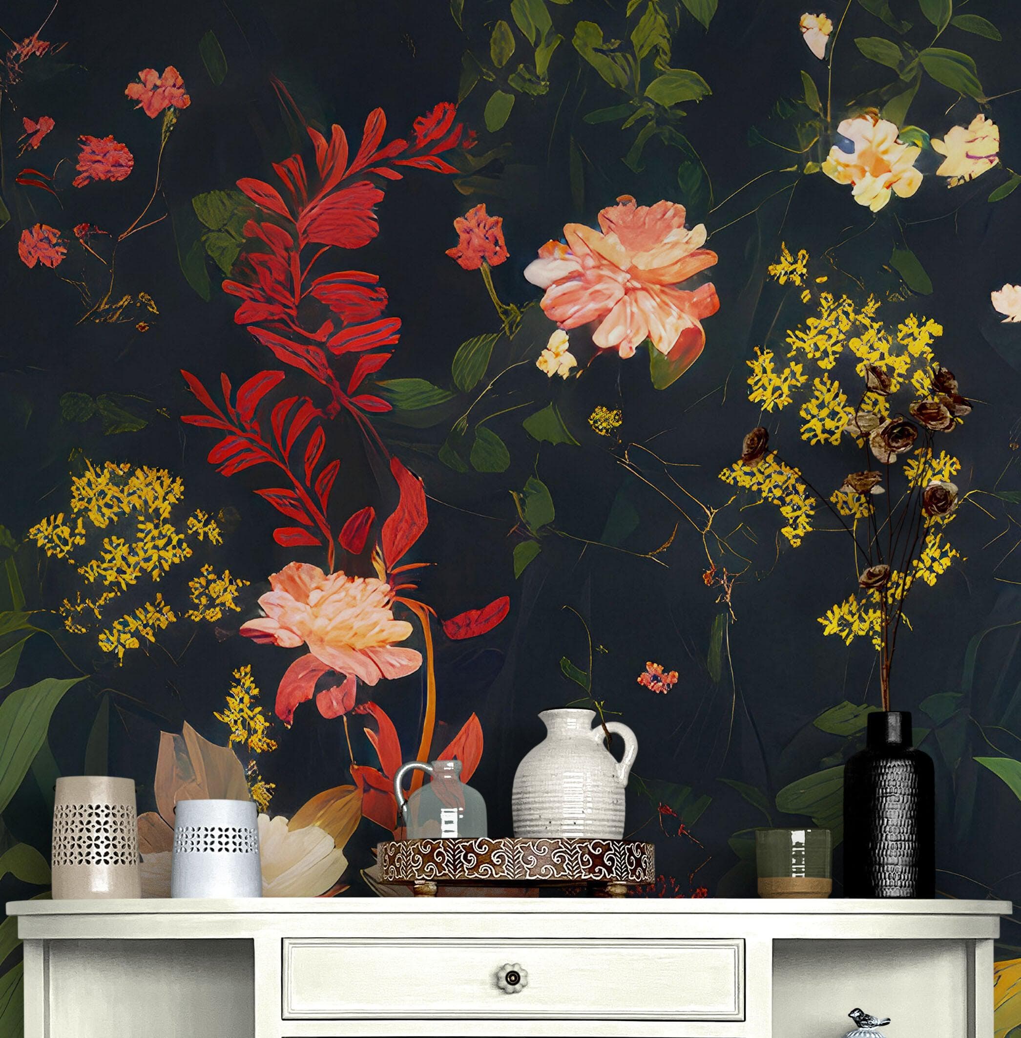 Papel tapiz con flores estilo chinoiserie. Mural de arte asiático para pared n.° 6517 
