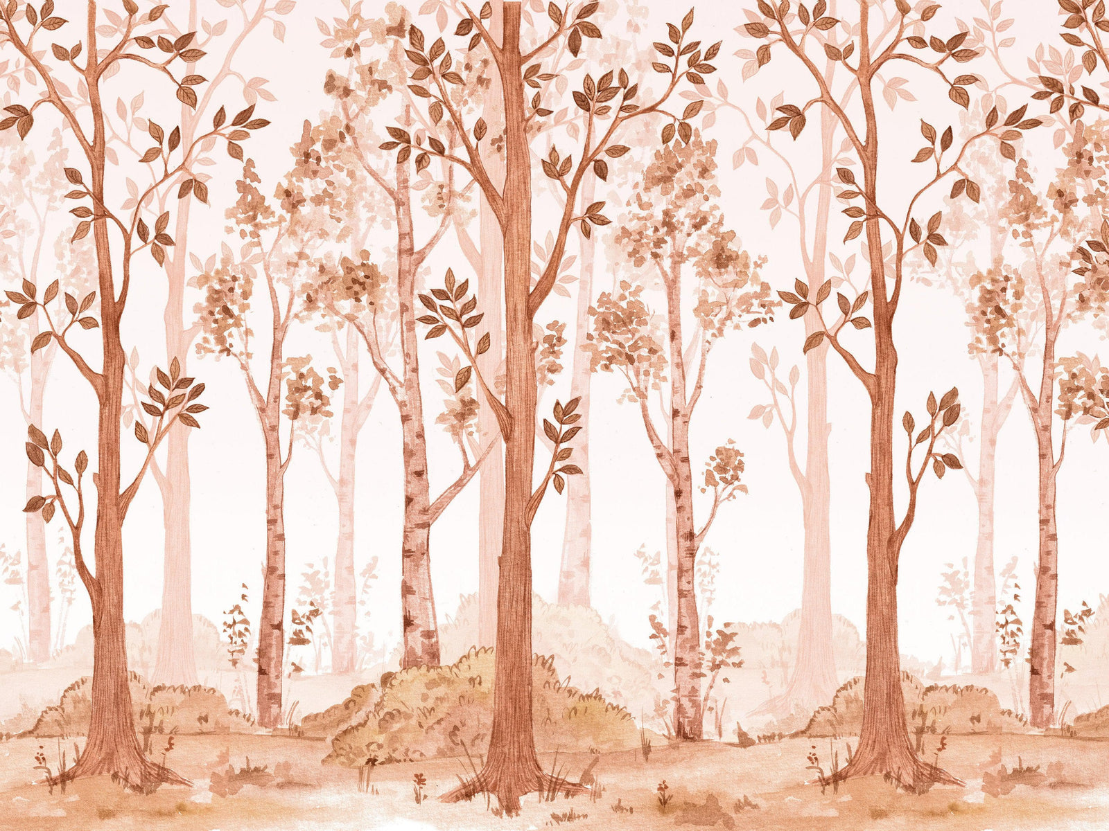 Papel tapiz de bosque de vivero en tonos sepia. Mural de pared con bosque de abedules en acuarela. #6526 