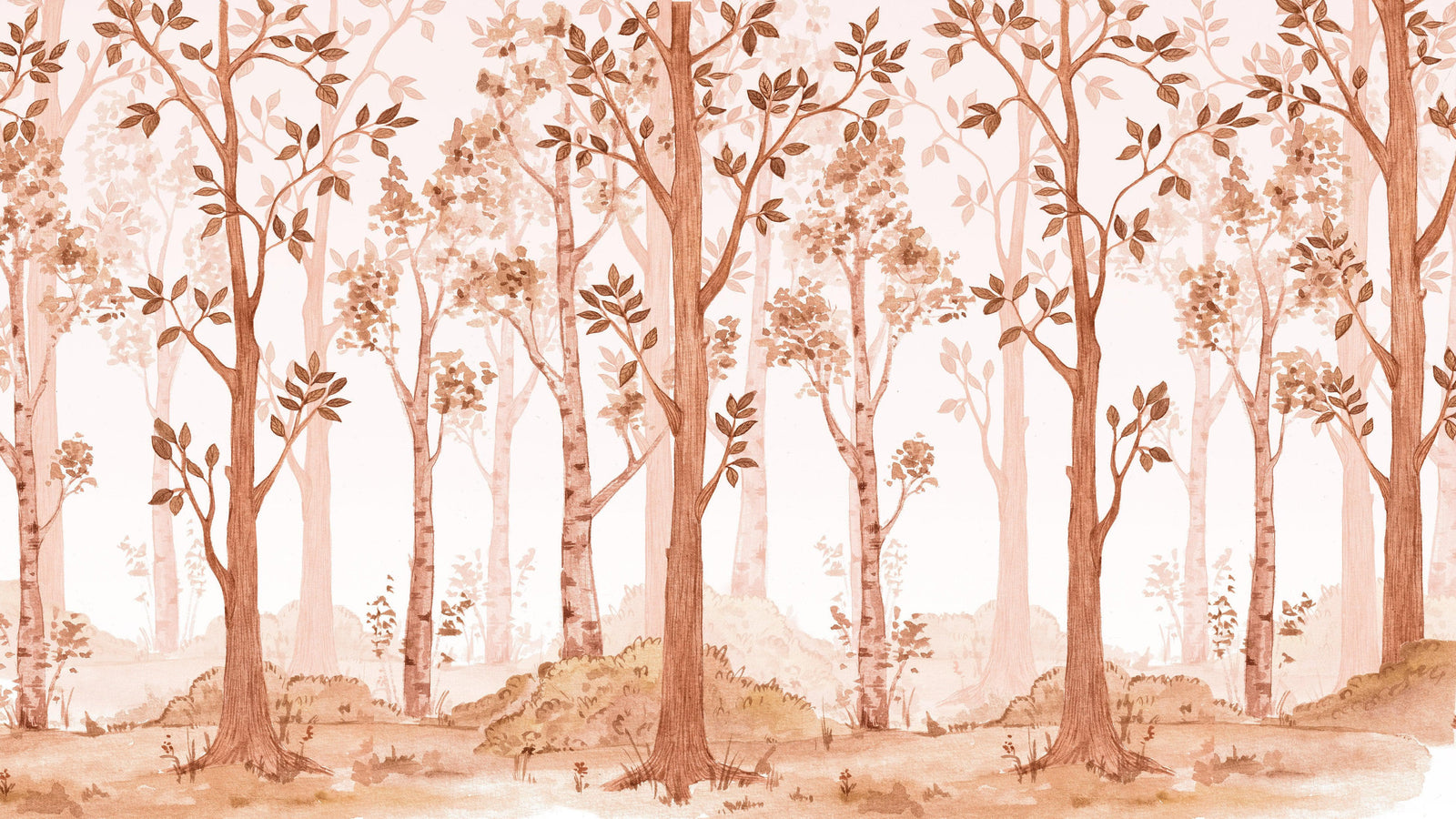 Papel tapiz de bosque de vivero en tonos sepia. Mural de pared con bosque de abedules en acuarela. #6526 