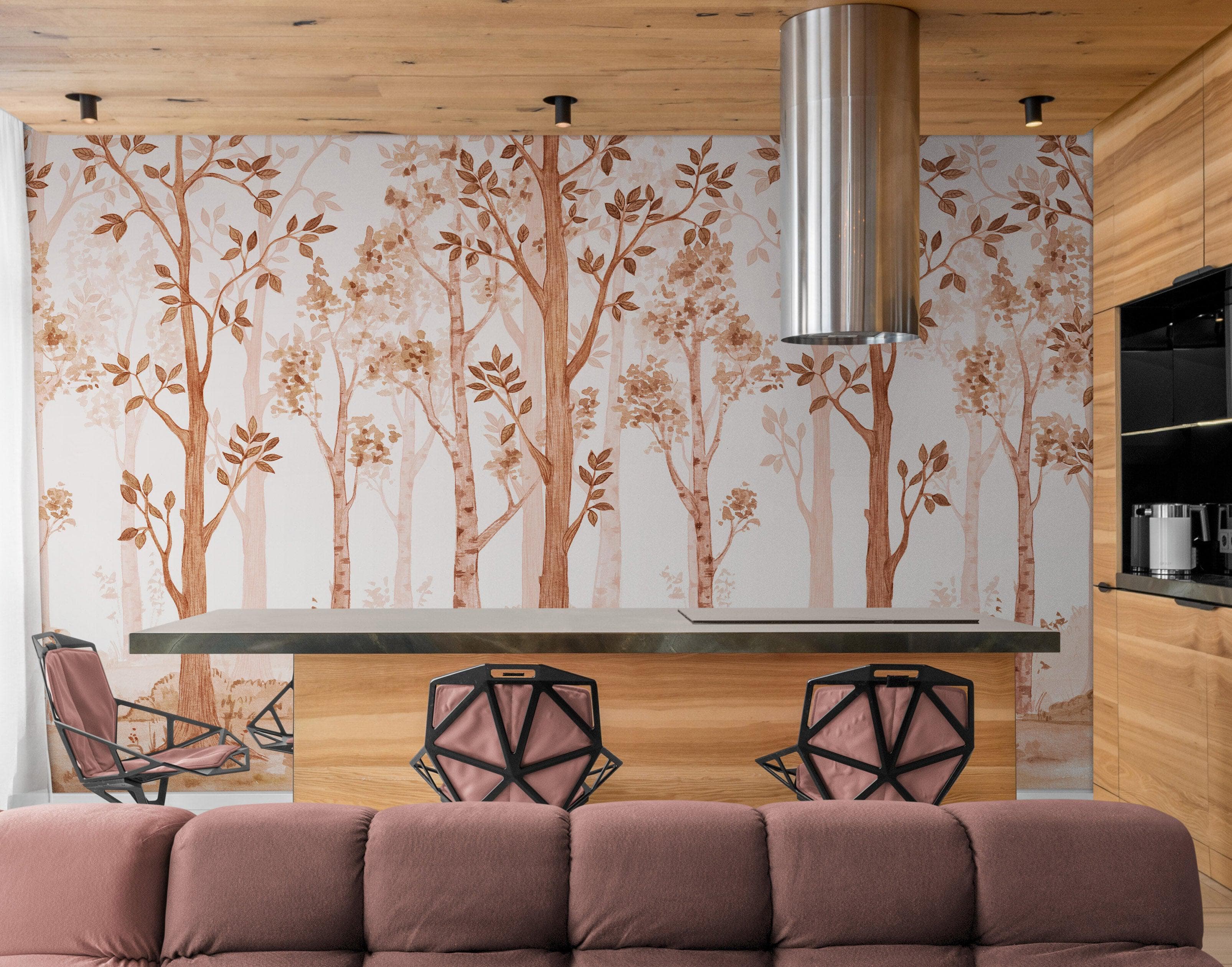 Papel tapiz de bosque de vivero en tonos sepia. Mural de pared con bosque de abedules en acuarela. #6526 