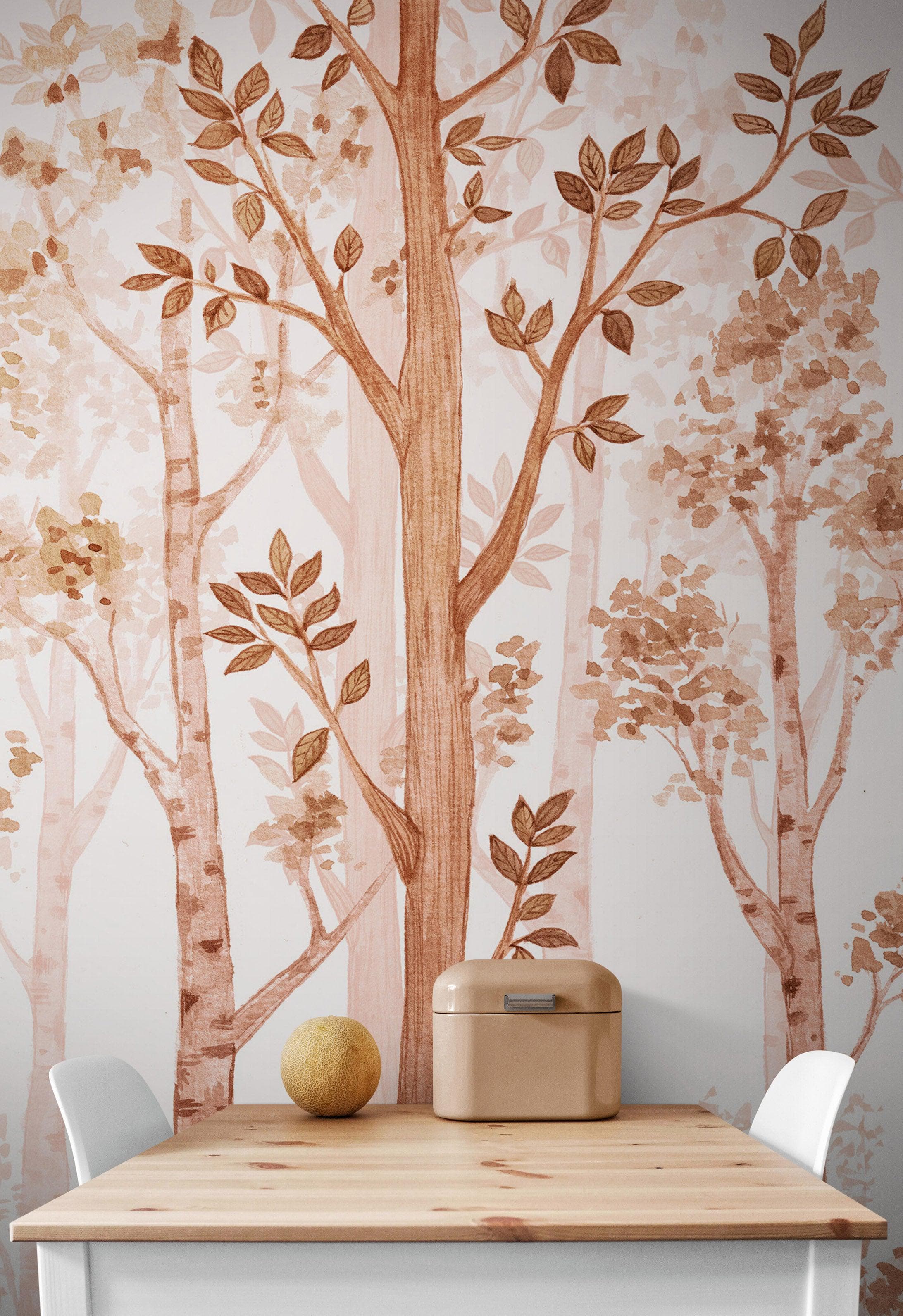 Papel tapiz de bosque de vivero en tonos sepia. Mural de pared con bosque de abedules en acuarela. #6526 