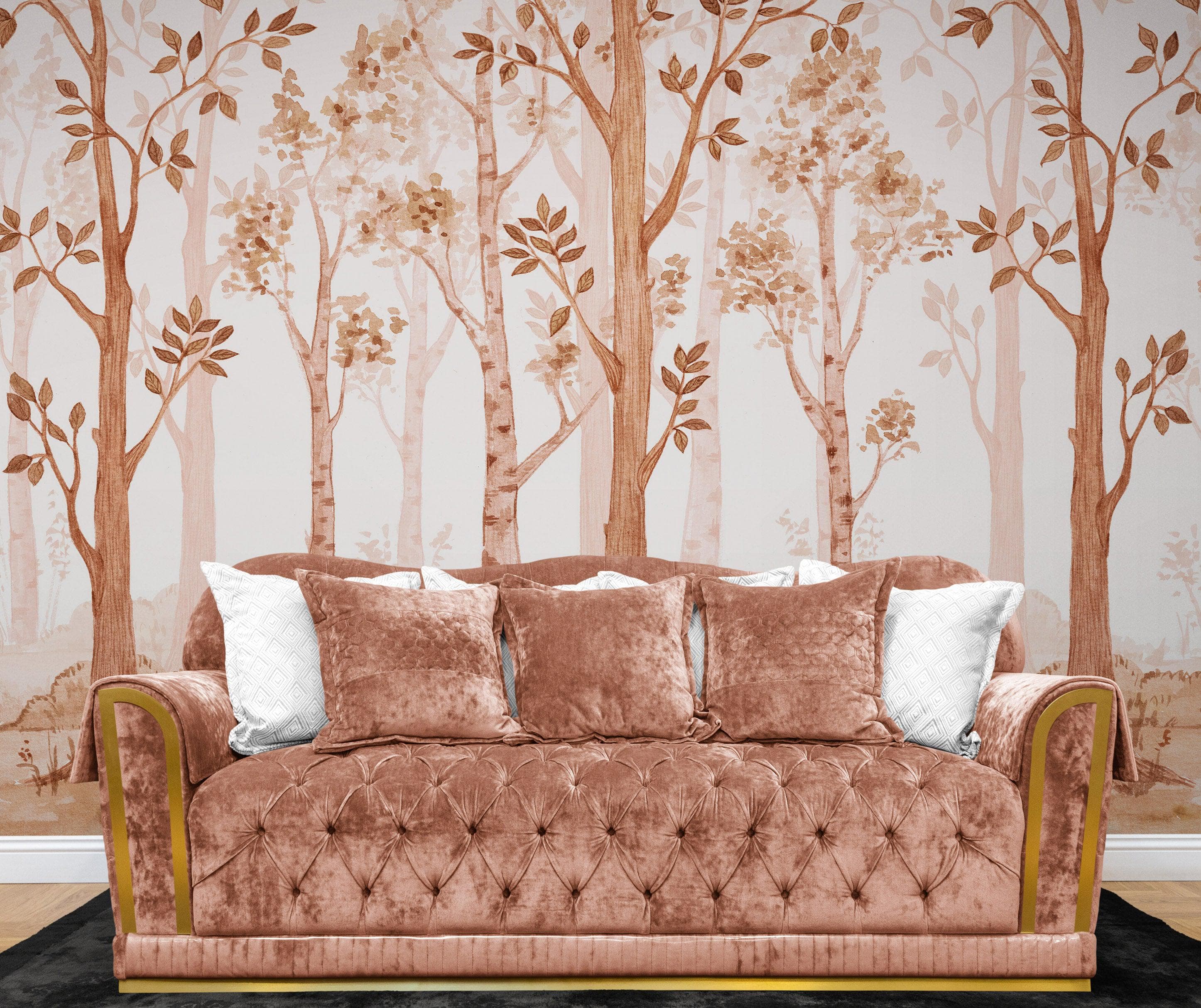 Papel tapiz de bosque de vivero en tonos sepia. Mural de pared con bosque de abedules en acuarela. #6526 