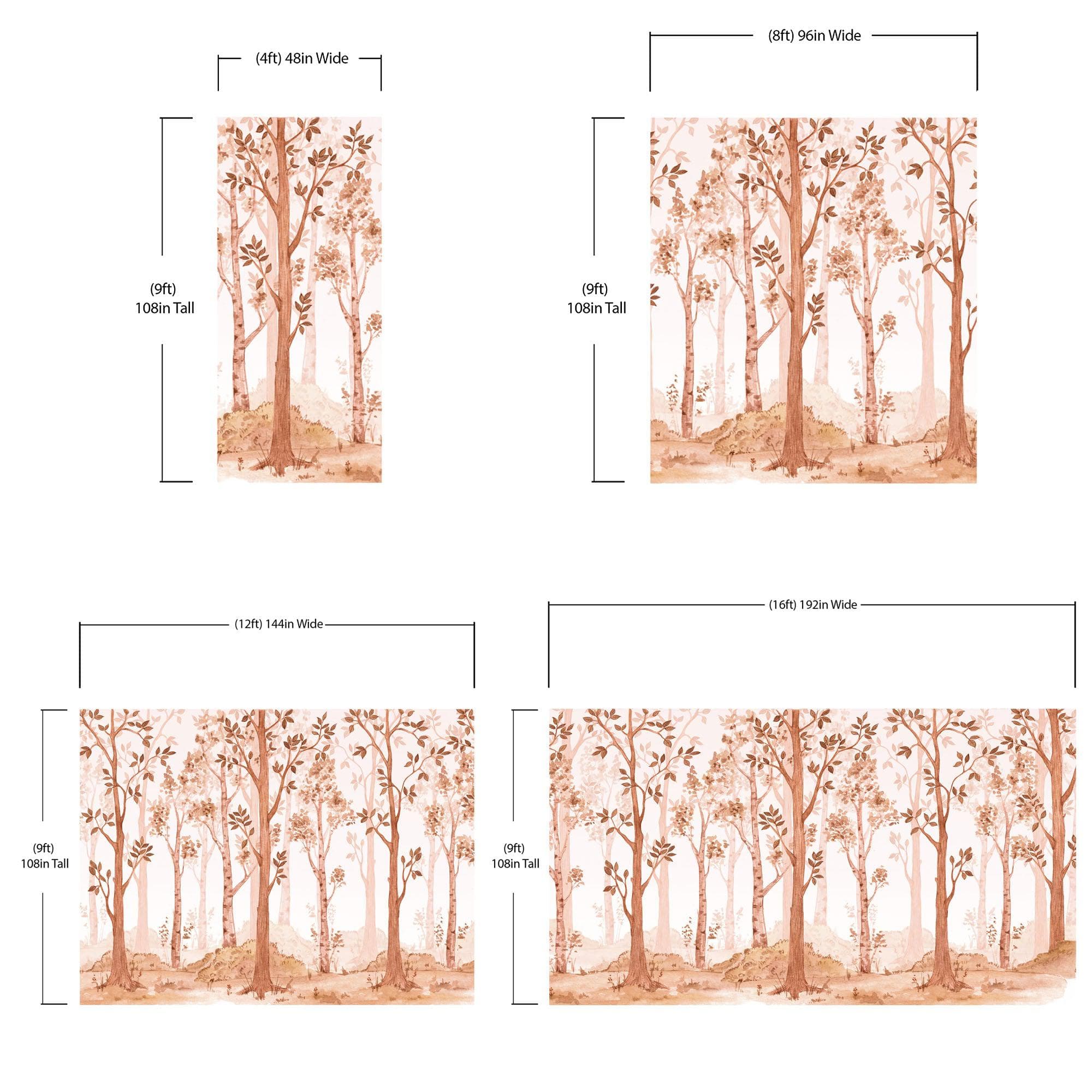 Papel tapiz de bosque de vivero en tonos sepia. Mural de pared con bosque de abedules en acuarela. #6526 