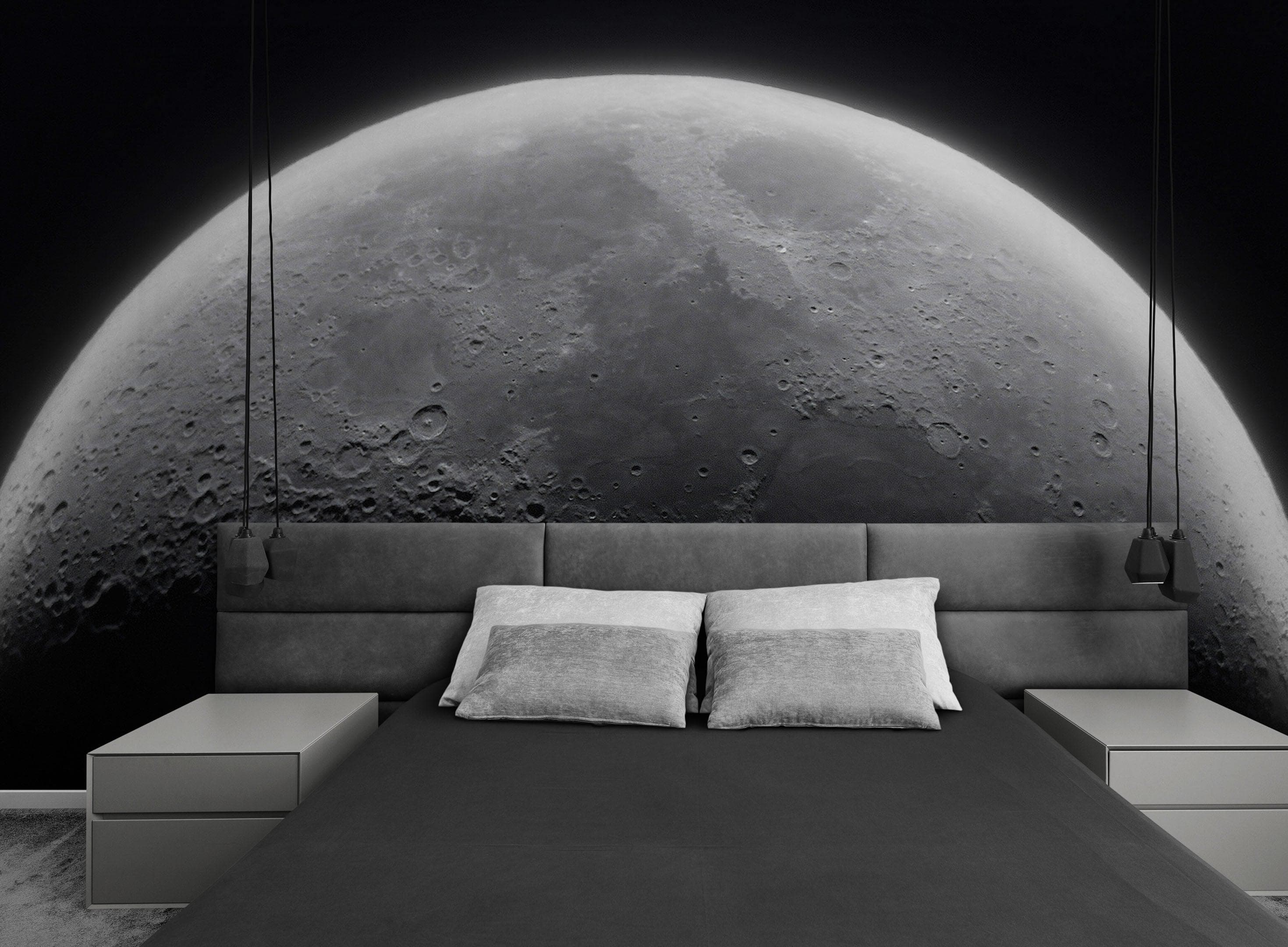 Papel tapiz de luna. Decoración de pared en blanco y negro. #6532 