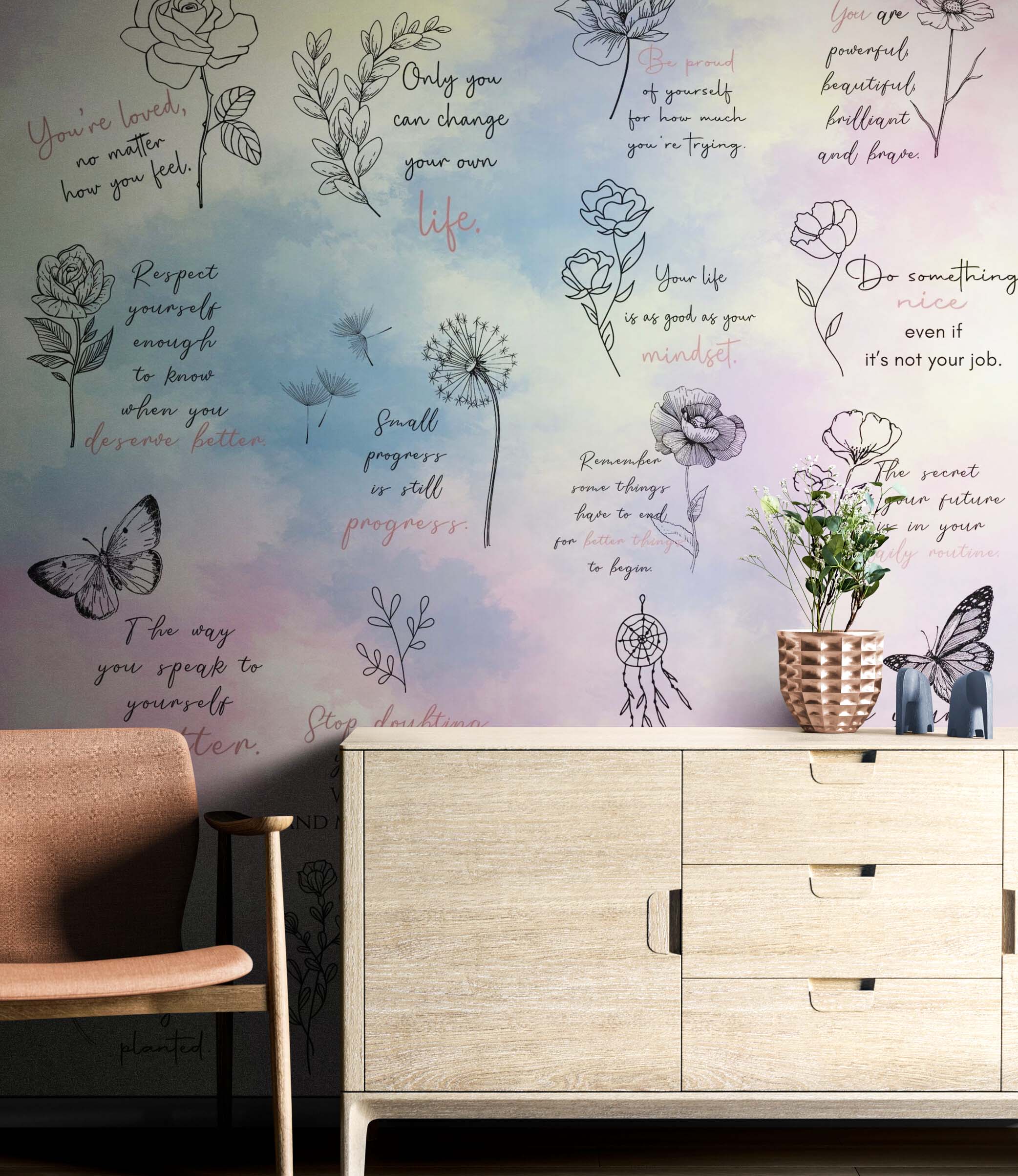 Fondo de pantalla con frase de afirmación. Decoración de dormitorio con frase de autocuidado y meditación. #6545 