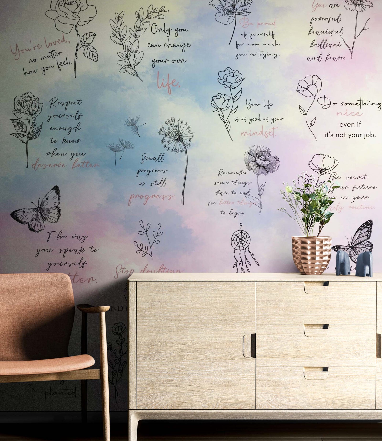 Fondo de pantalla con frase de afirmación. Decoración de dormitorio con frase de autocuidado y meditación. #6545 