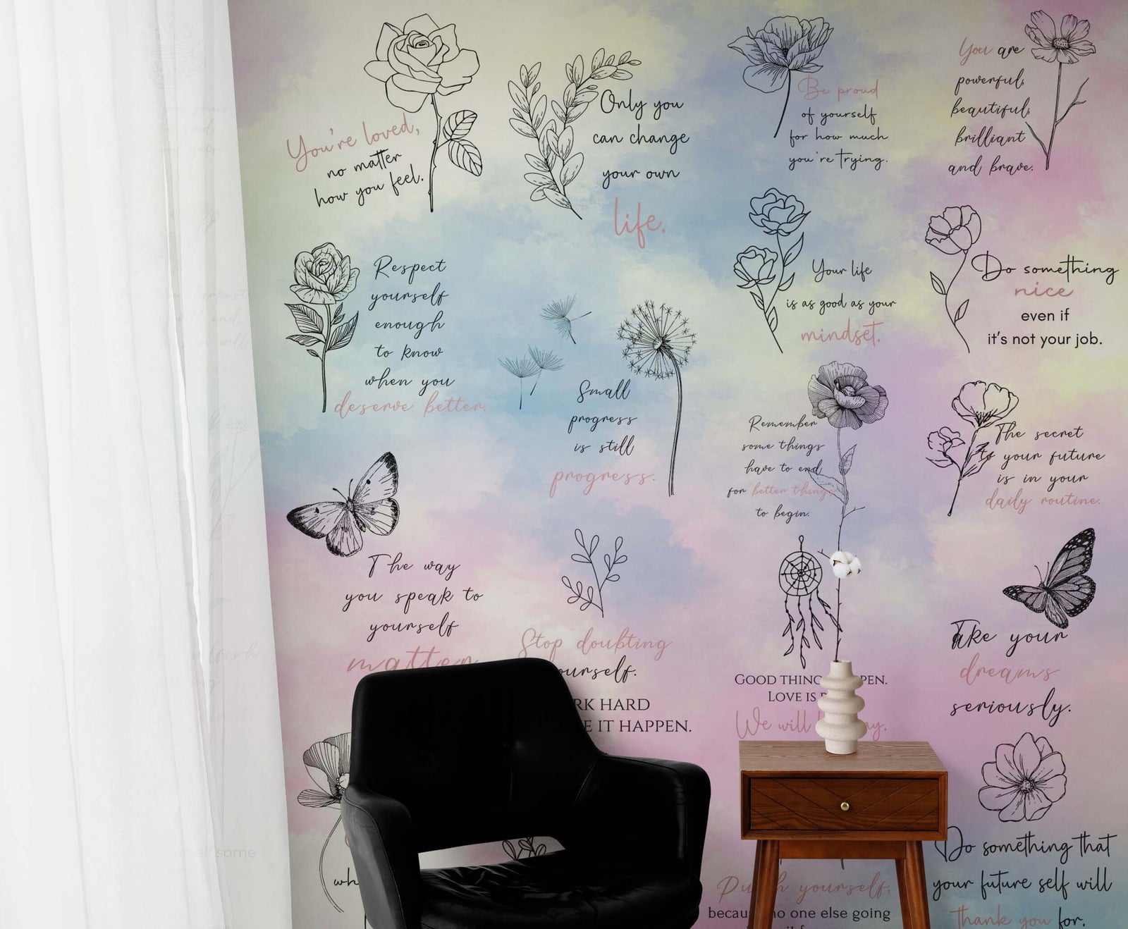 Fondo de pantalla con frase de afirmación. Decoración de dormitorio con frase de autocuidado y meditación. #6545 