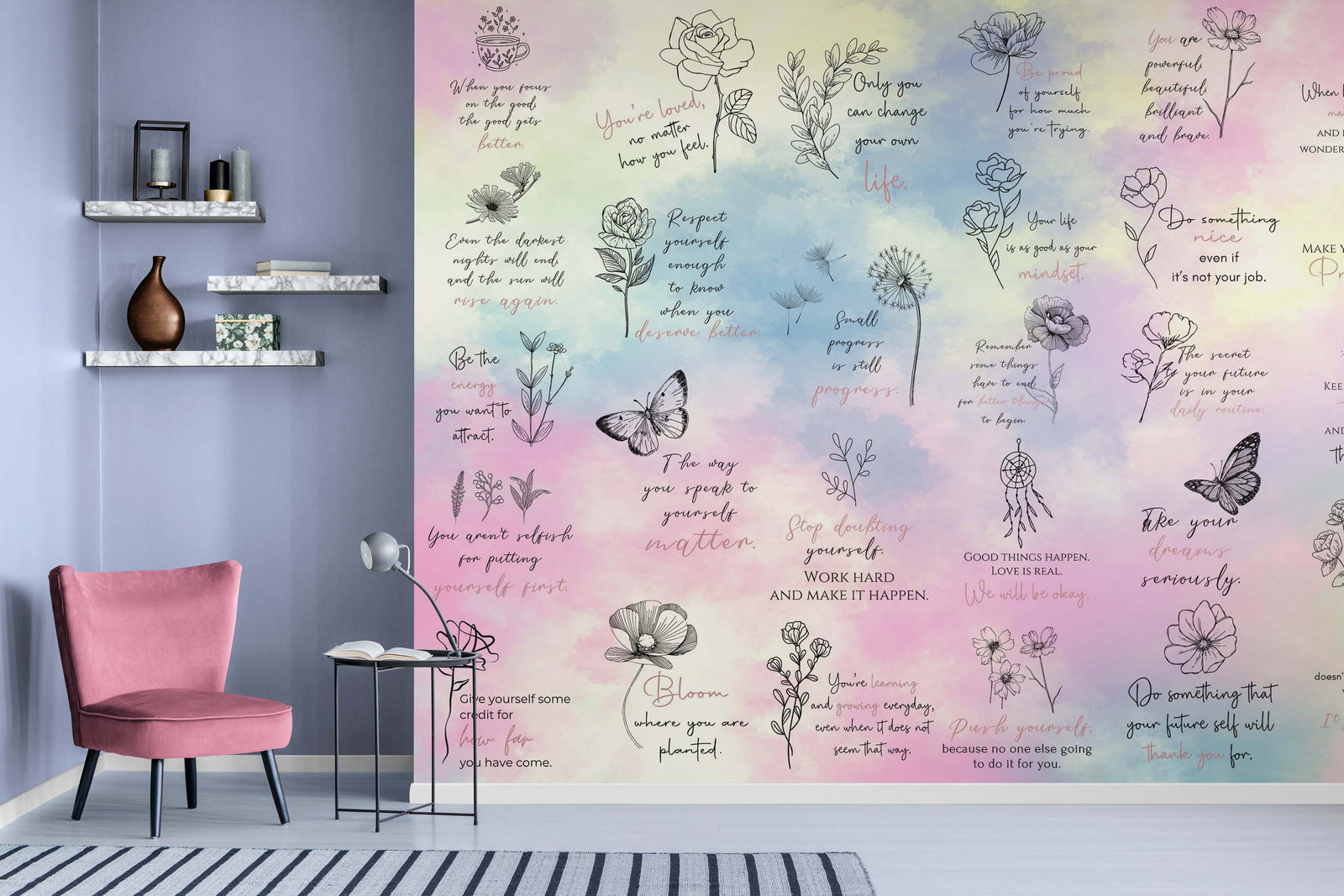 Fondo de pantalla con frase de afirmación. Decoración de dormitorio con frase de autocuidado y meditación. #6545 