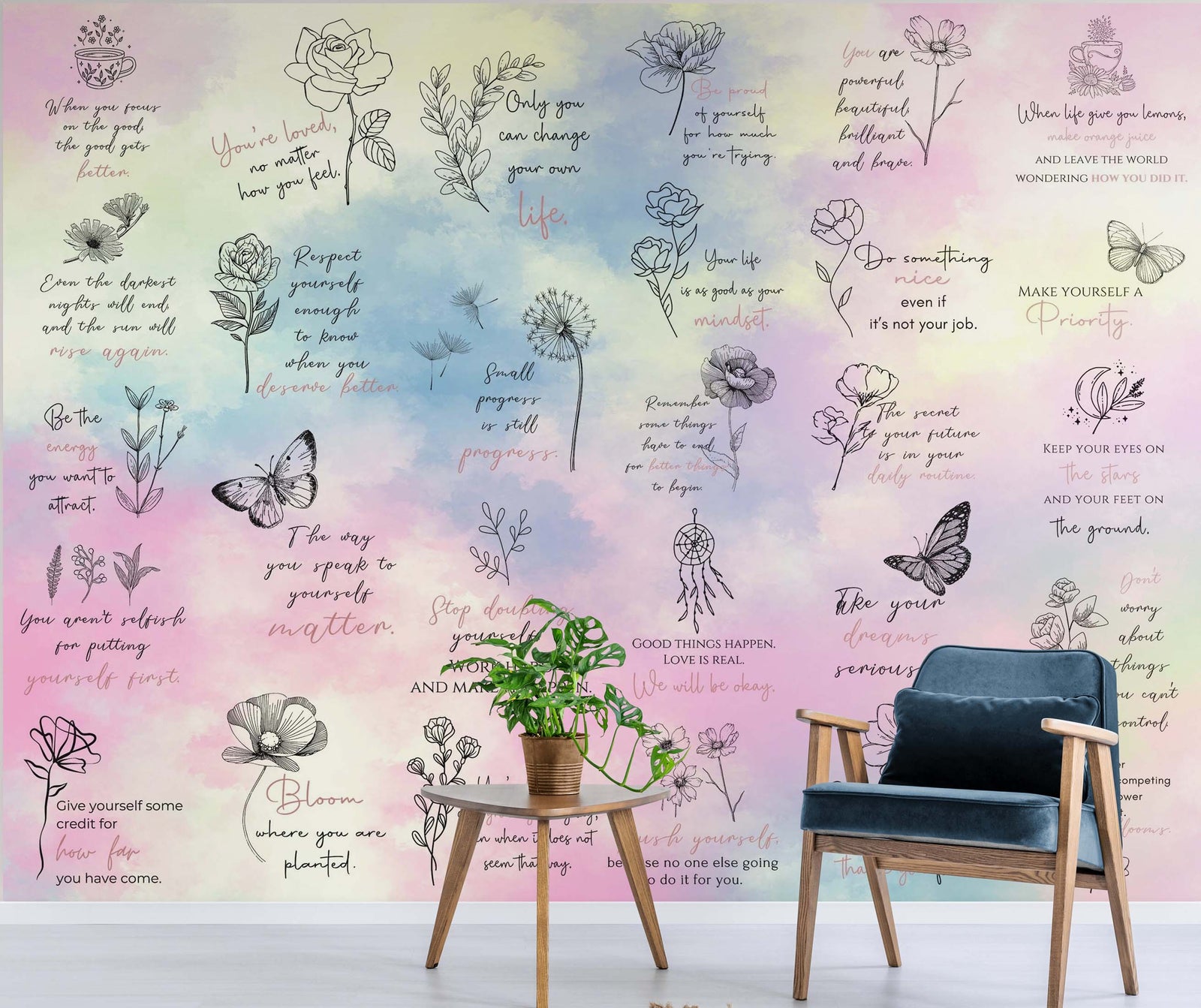 Fondo de pantalla con frase de afirmación. Decoración de dormitorio con frase de autocuidado y meditación. #6545 