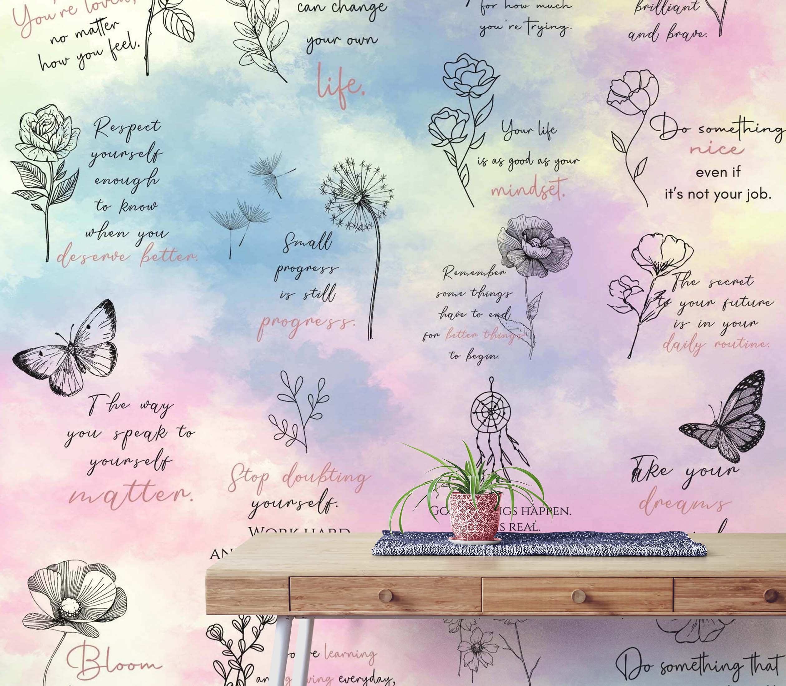 Fondo de pantalla con frase de afirmación. Decoración de dormitorio con frase de autocuidado y meditación. #6545 