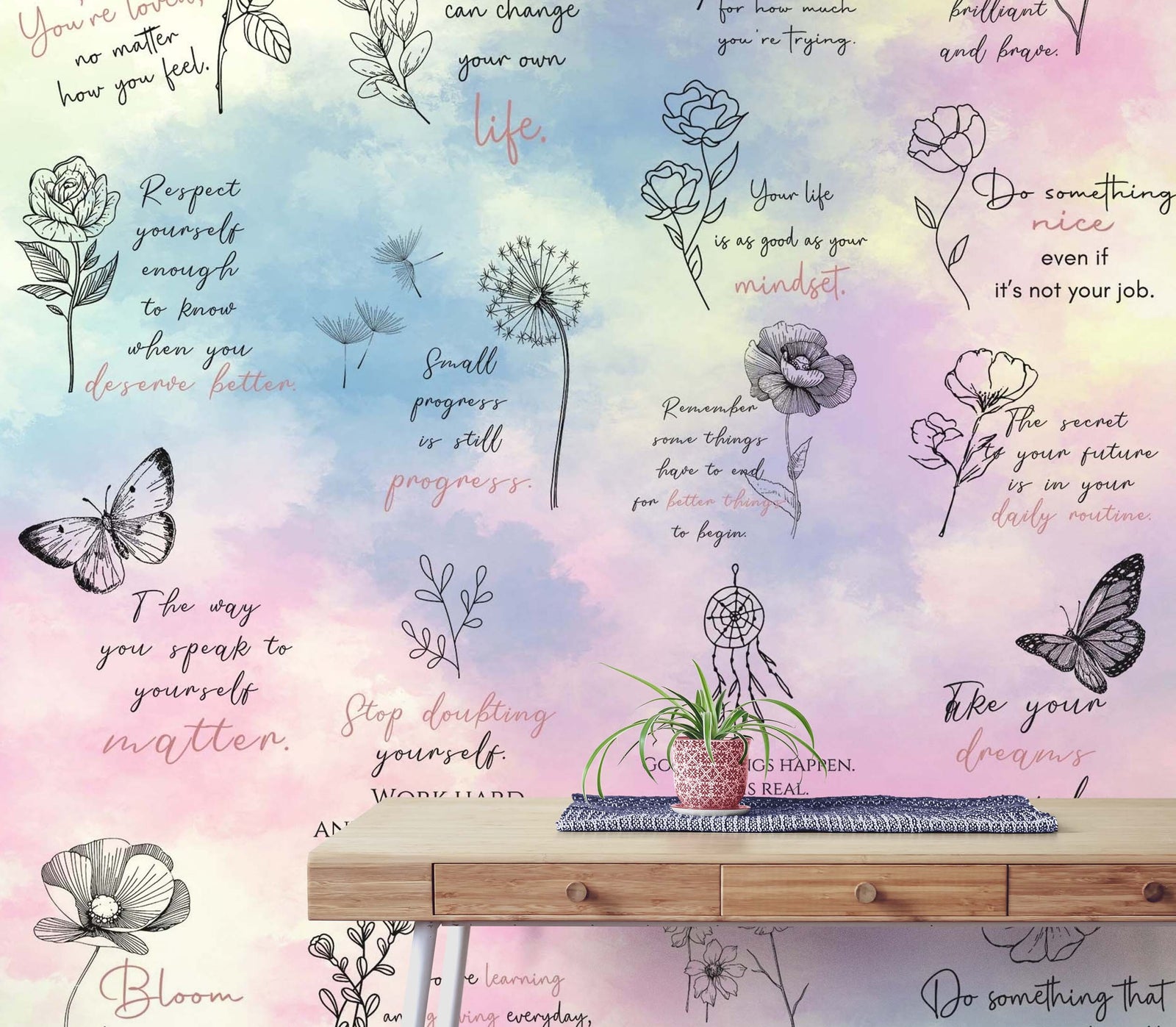 Fondo de pantalla con frase de afirmación. Decoración de dormitorio con frase de autocuidado y meditación. #6545 
