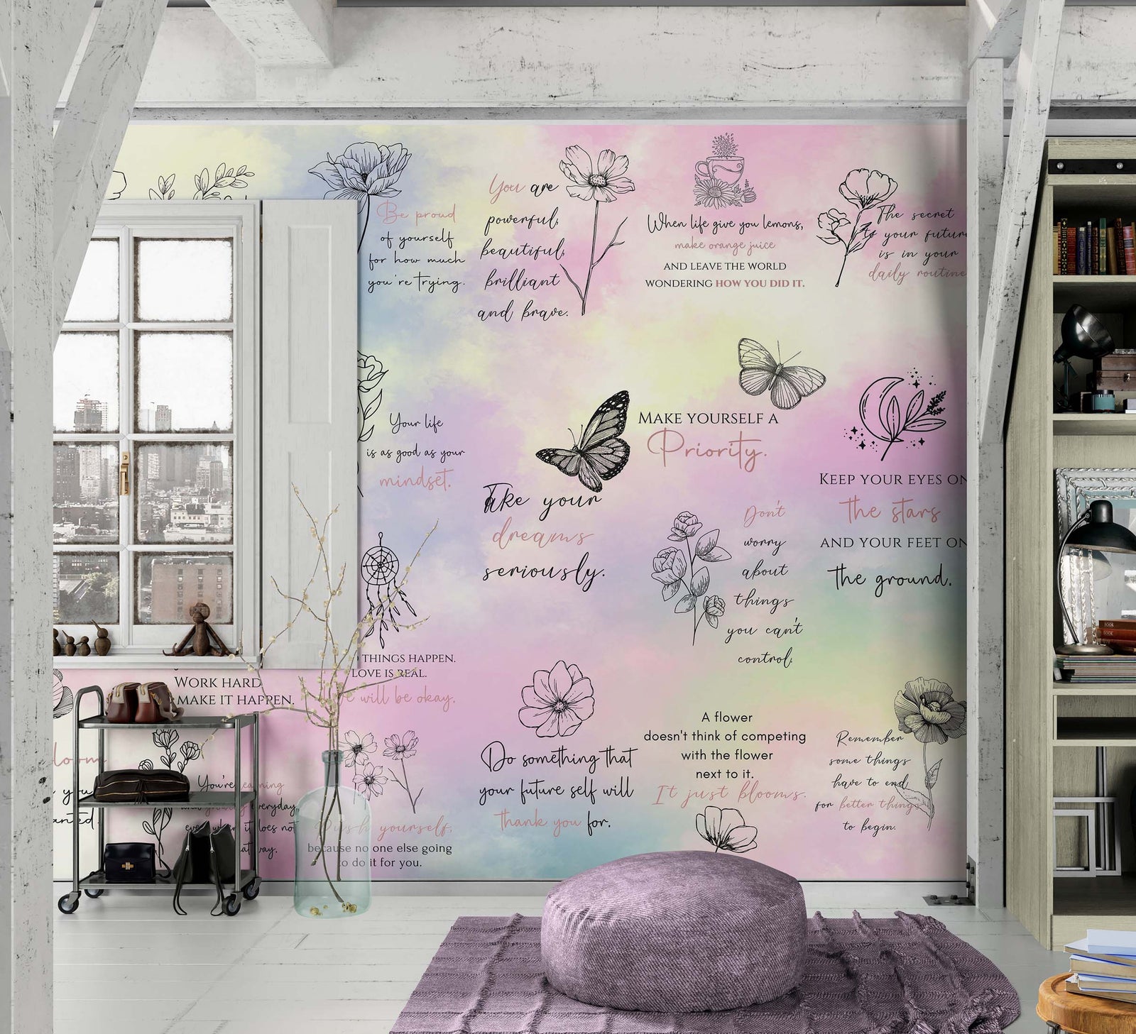 Fondo de pantalla con frase de afirmación. Decoración de dormitorio con frase de autocuidado y meditación. #6545 