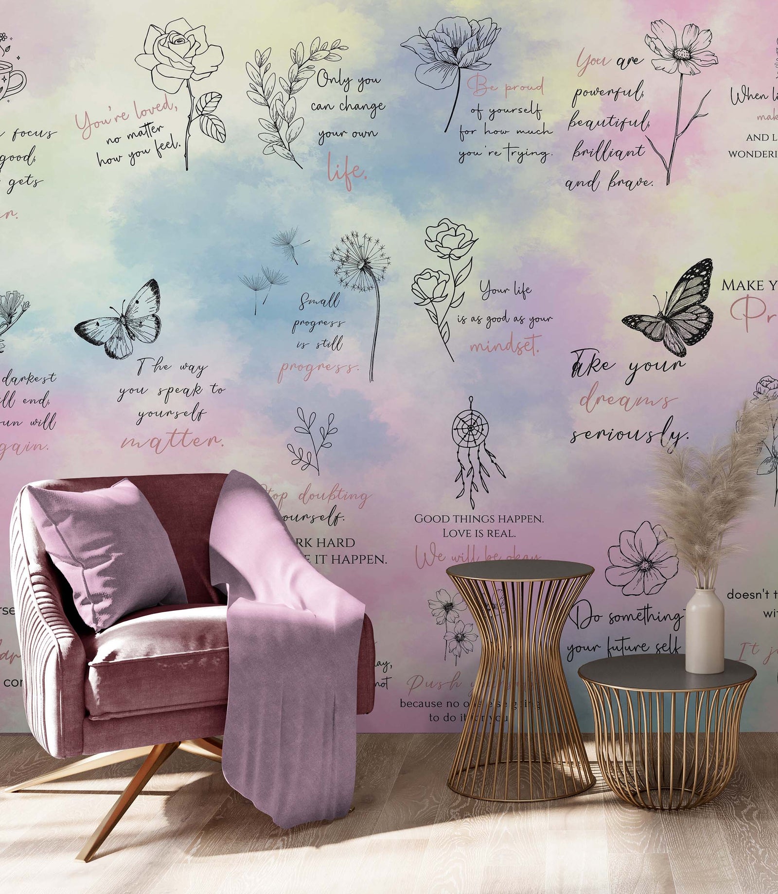 Fondo de pantalla con frase de afirmación. Decoración de dormitorio con frase de autocuidado y meditación. #6545 