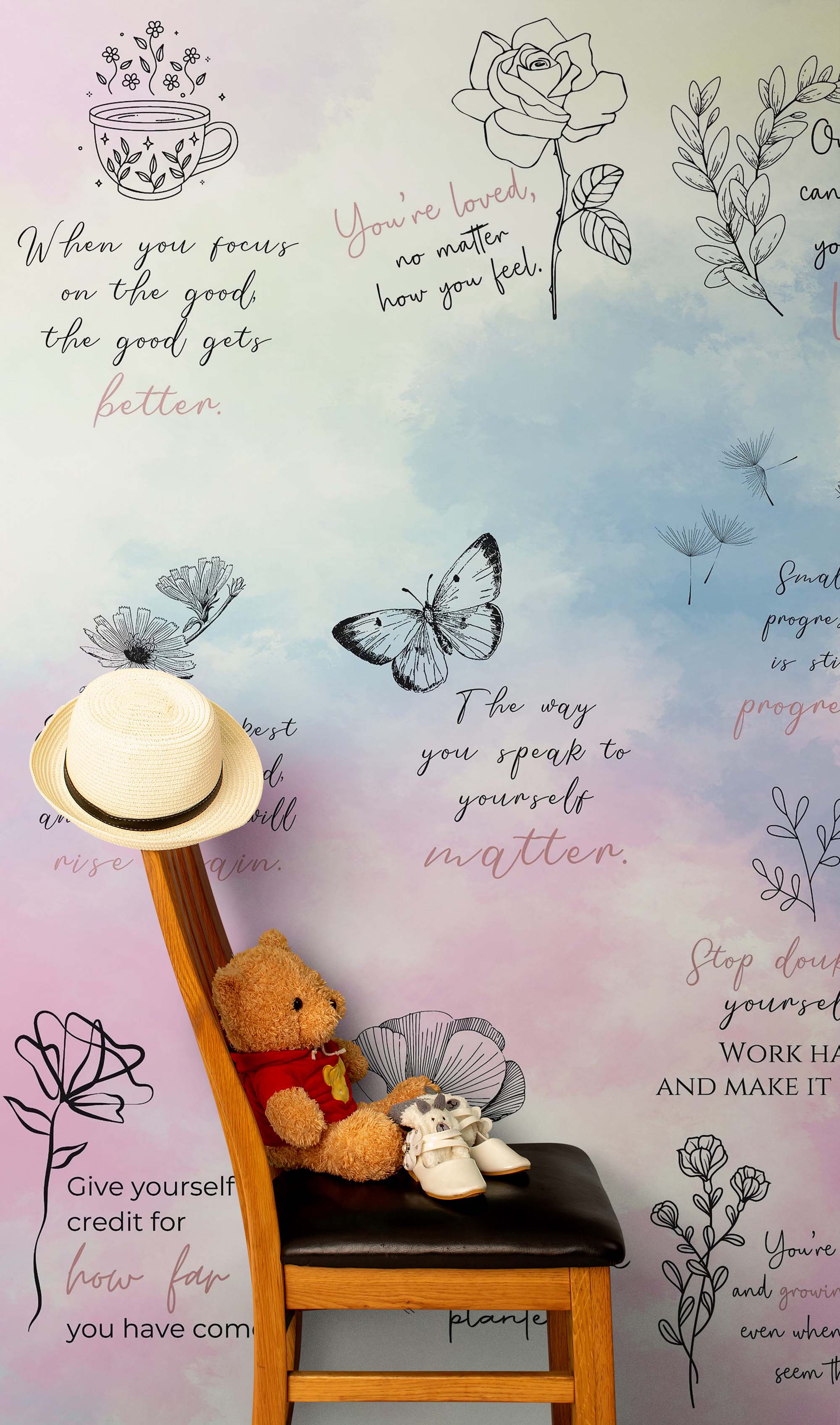 Fondo de pantalla con frase de afirmación. Decoración de dormitorio con frase de autocuidado y meditación. #6545 