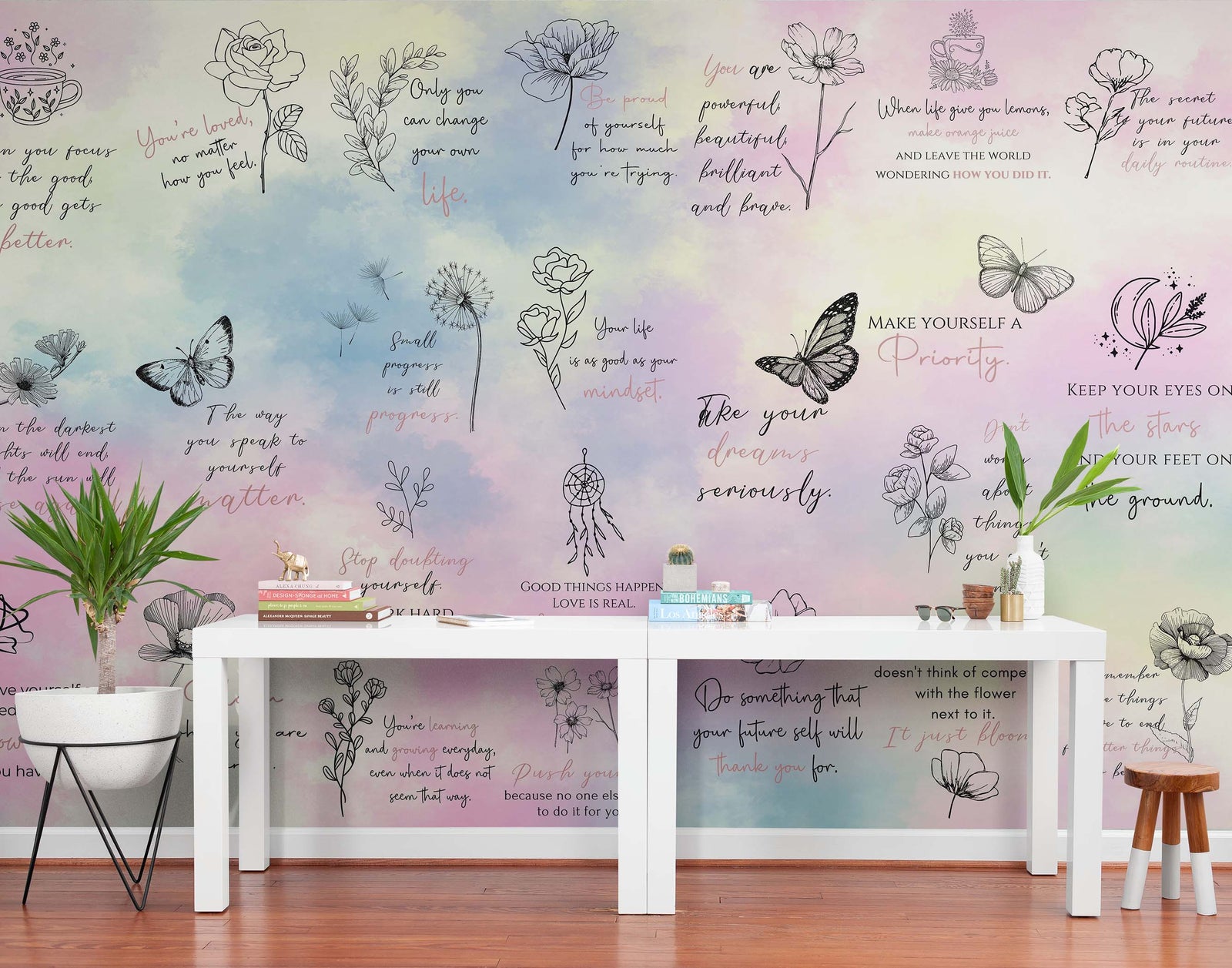 Fondo de pantalla con frase de afirmación. Decoración de dormitorio con frase de autocuidado y meditación. #6545 