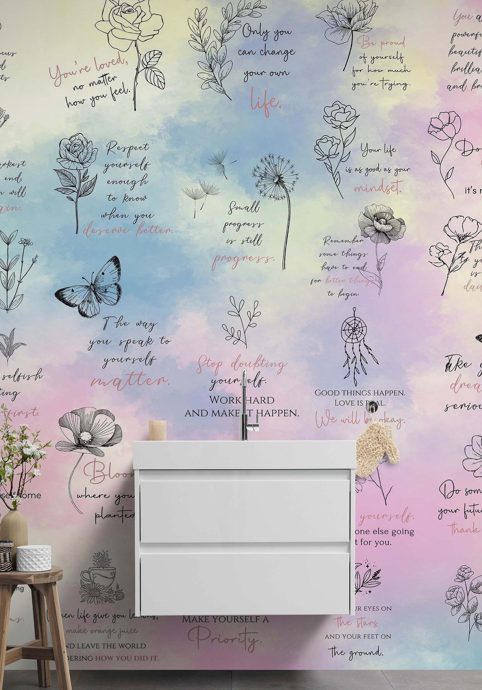 Fondo de pantalla con frase de afirmación. Decoración de dormitorio con frase de autocuidado y meditación. #6545 