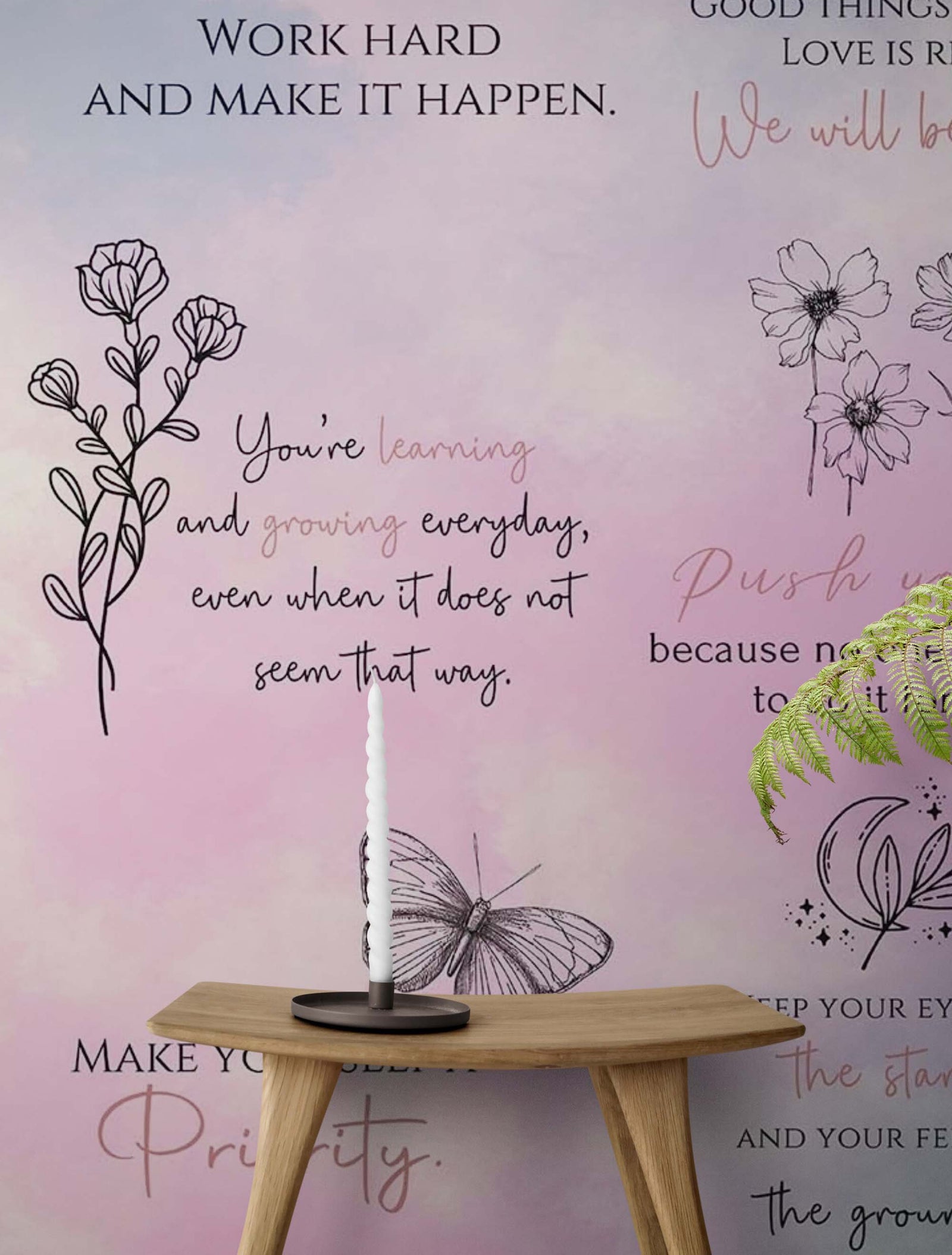 Fondo de pantalla con frase de afirmación. Decoración de dormitorio con frase de autocuidado y meditación. #6545 
