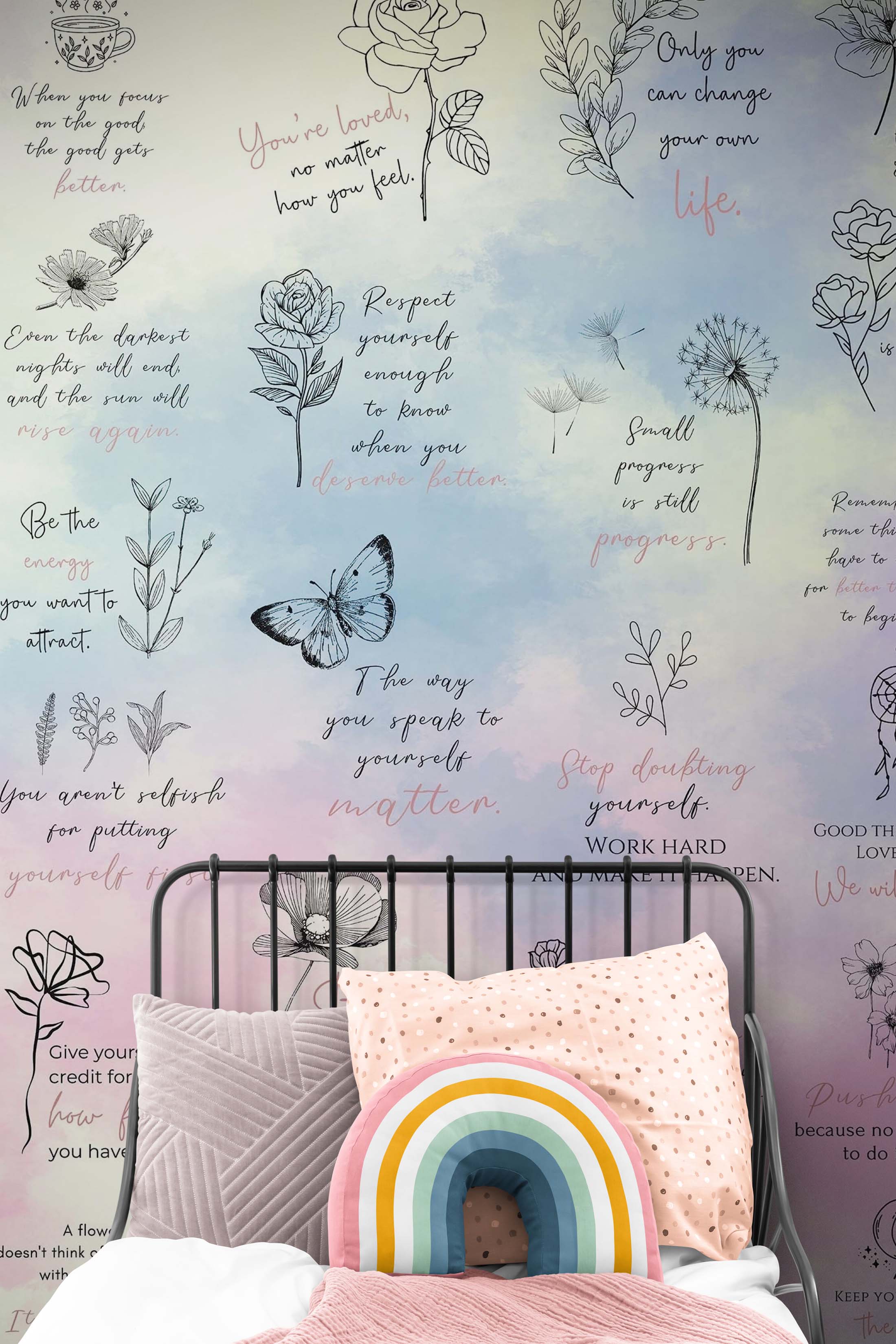 Fondo de pantalla con frase de afirmación. Decoración de dormitorio con frase de autocuidado y meditación. #6545 