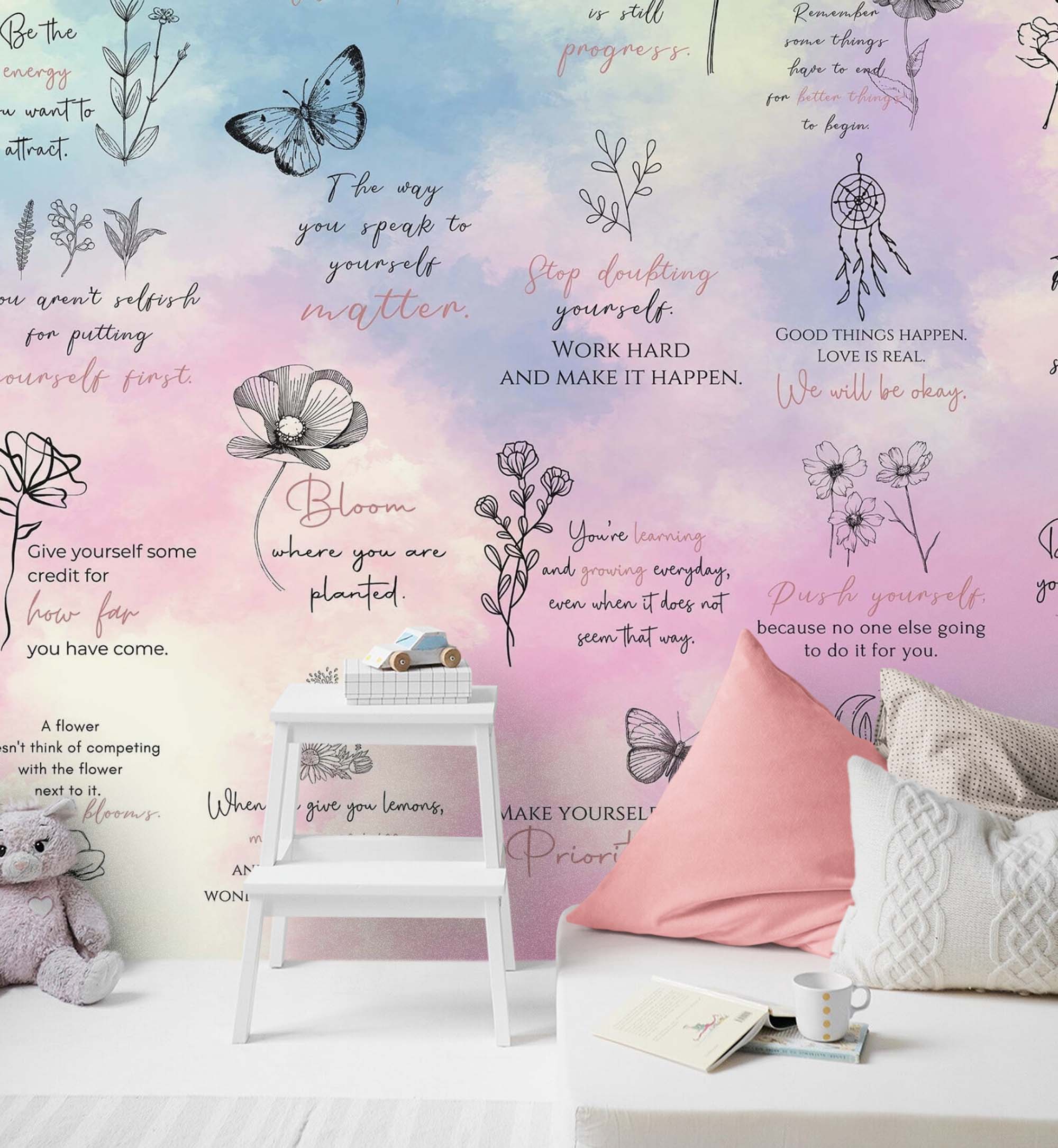 Fondo de pantalla con frase de afirmación. Decoración de dormitorio con frase de autocuidado y meditación. #6545 