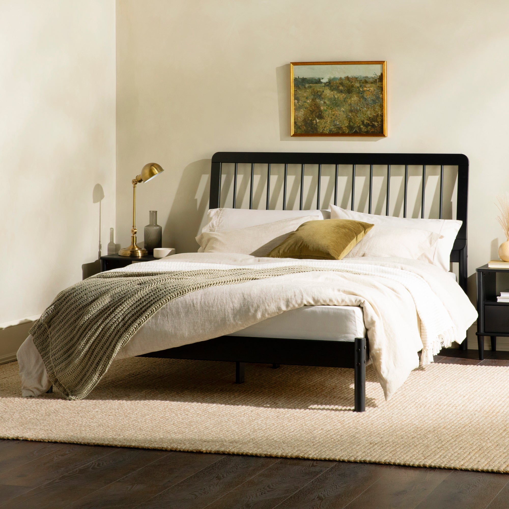 Cama de madera maciza con estructura de husillo de estilo moderno de mediados de siglo