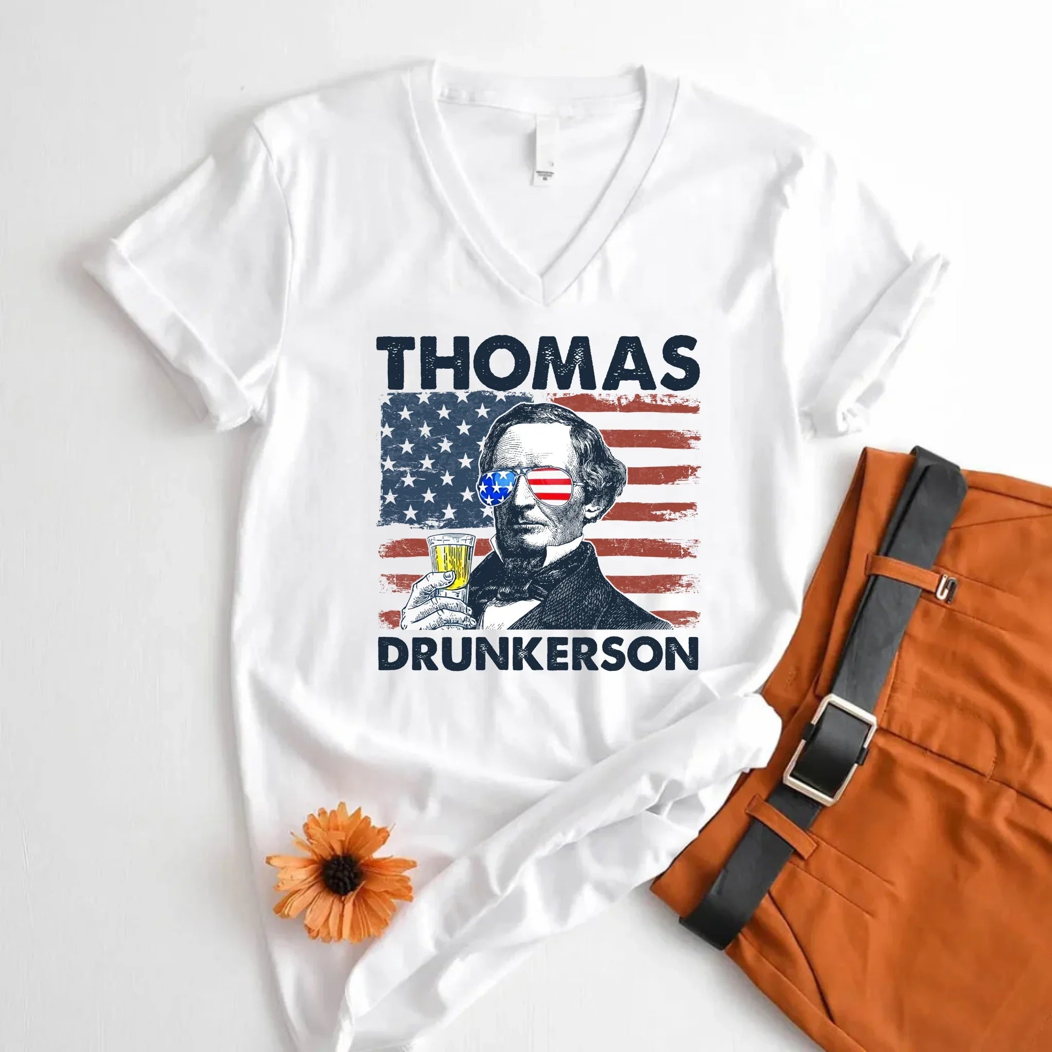 Thomas Drunkerson 4th of July Unisex V-Neck Shirt – Jefferson-Inspired Boozy Tee